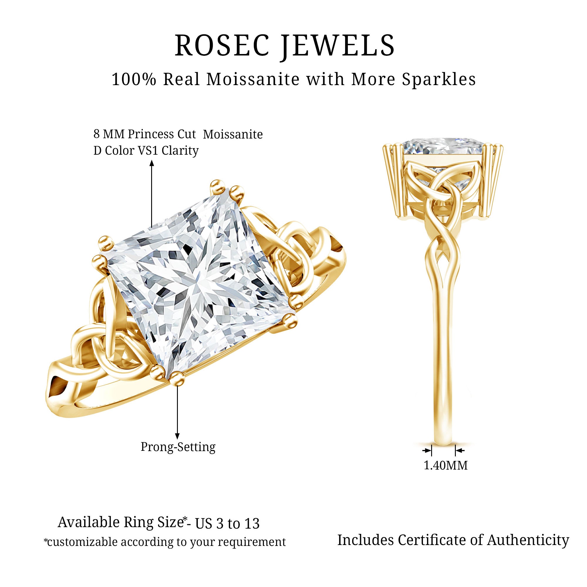 Moissanite Princess Cut Engagement Ring With Celtic Knot Design D-VS1 - Rosec Jewels