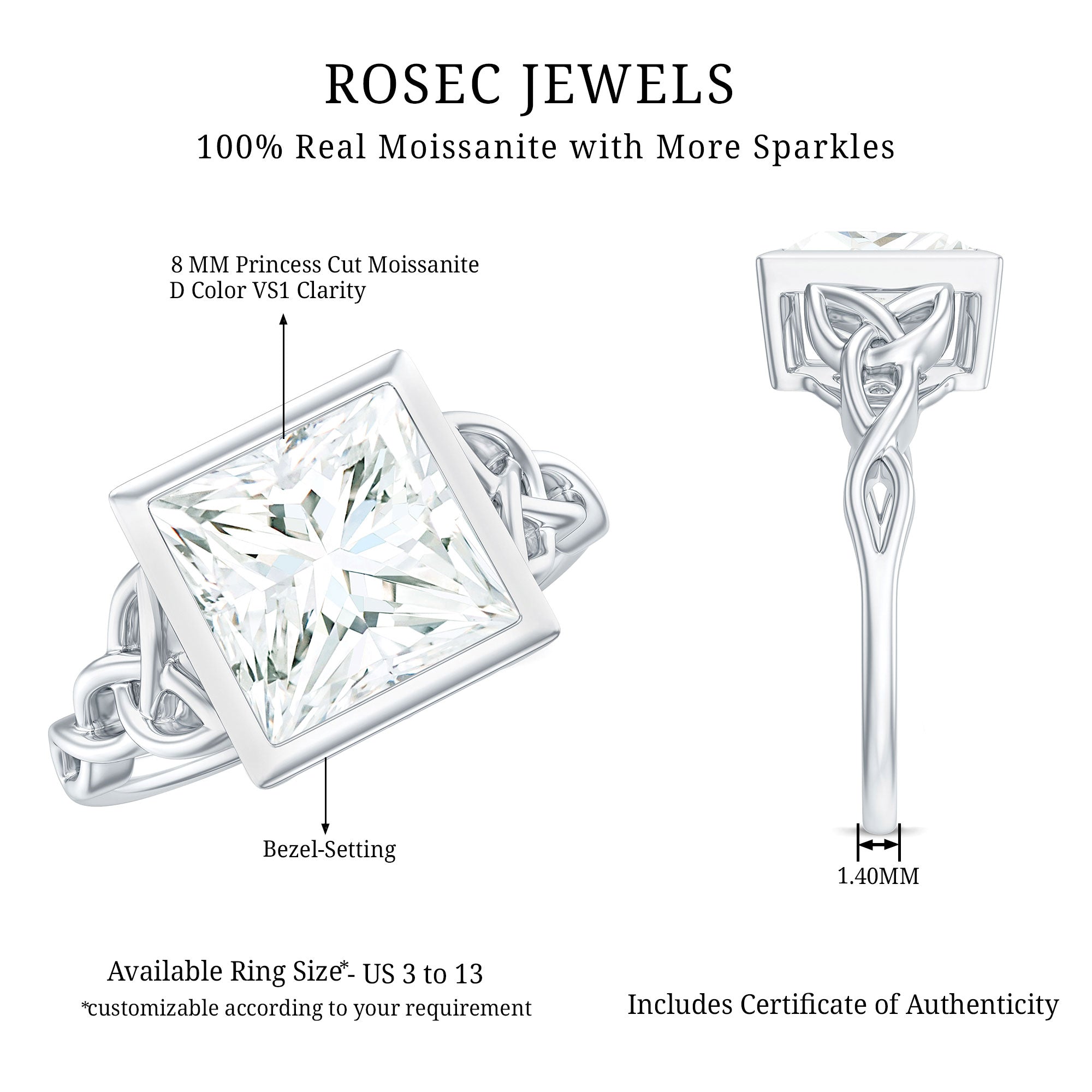 Princess Cut Moissanite Celtic Engagement Ring in Bezel Setting D-VS1 - Rosec Jewels