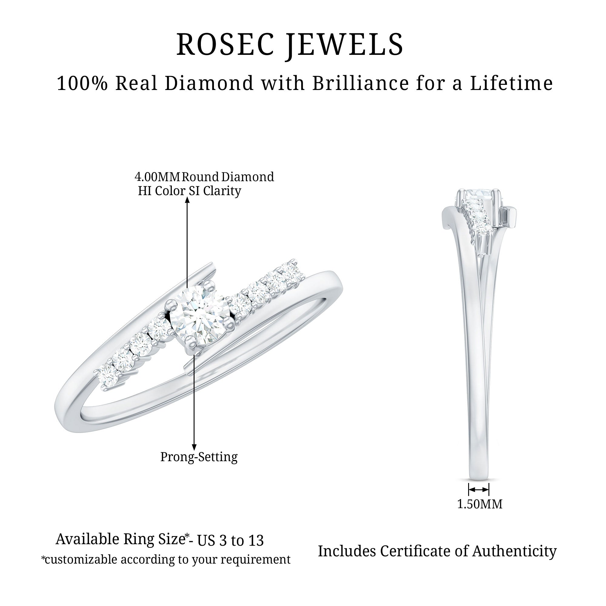 Diamond Promise Ring with Bypass Shank Natural - ( HI-SI ) - Rosec Jewels