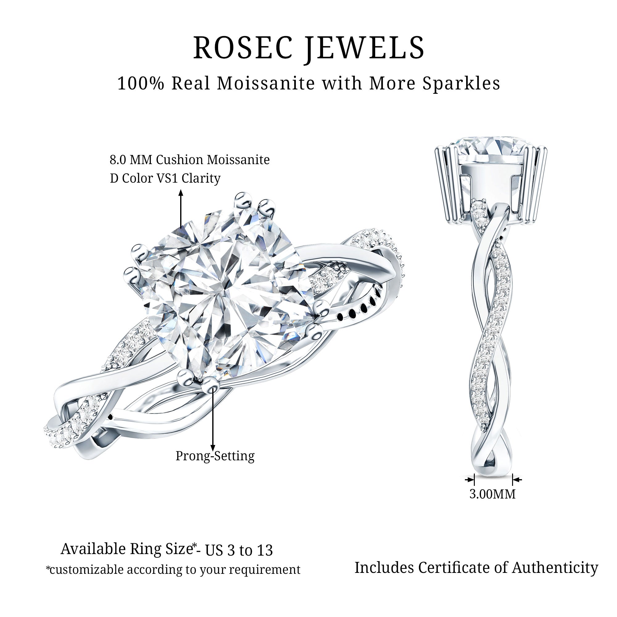 Cushion Cut Solitaire Moissanite Braided Engagement Ring D-VS1 - Rosec Jewels
