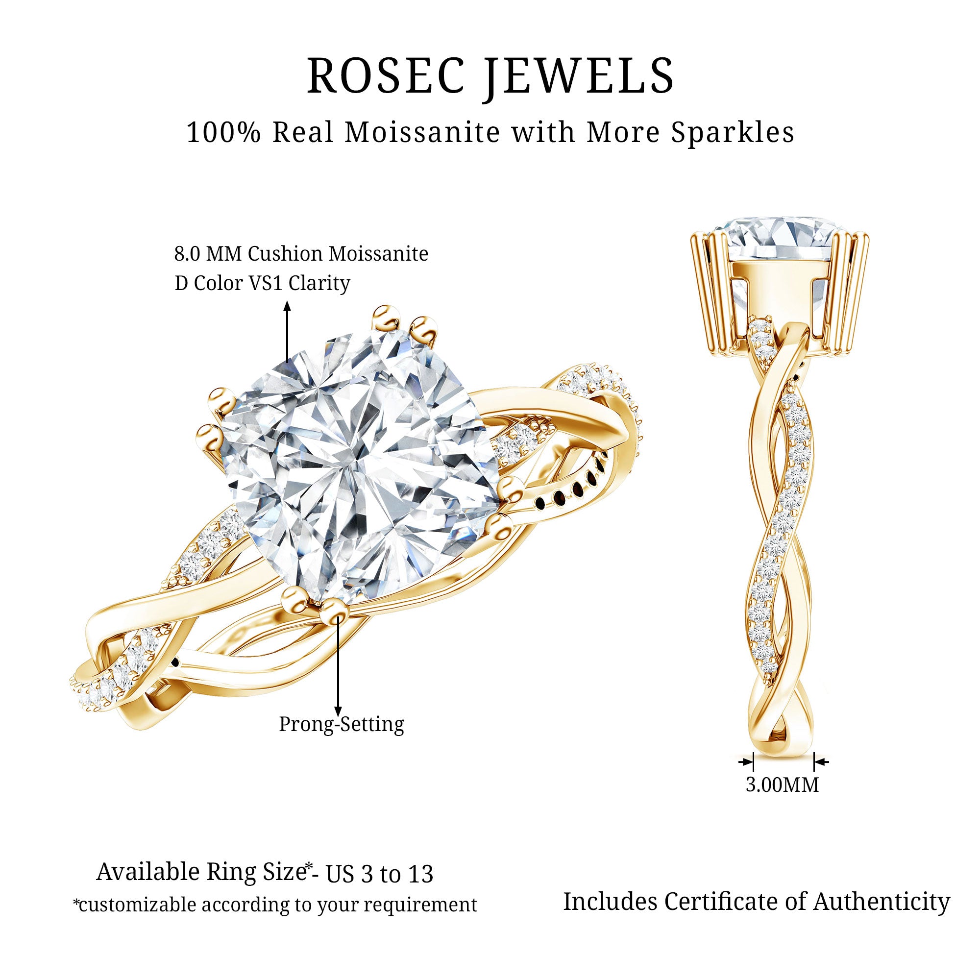 Cushion Cut Solitaire Moissanite Braided Engagement Ring D-VS1 - Rosec Jewels