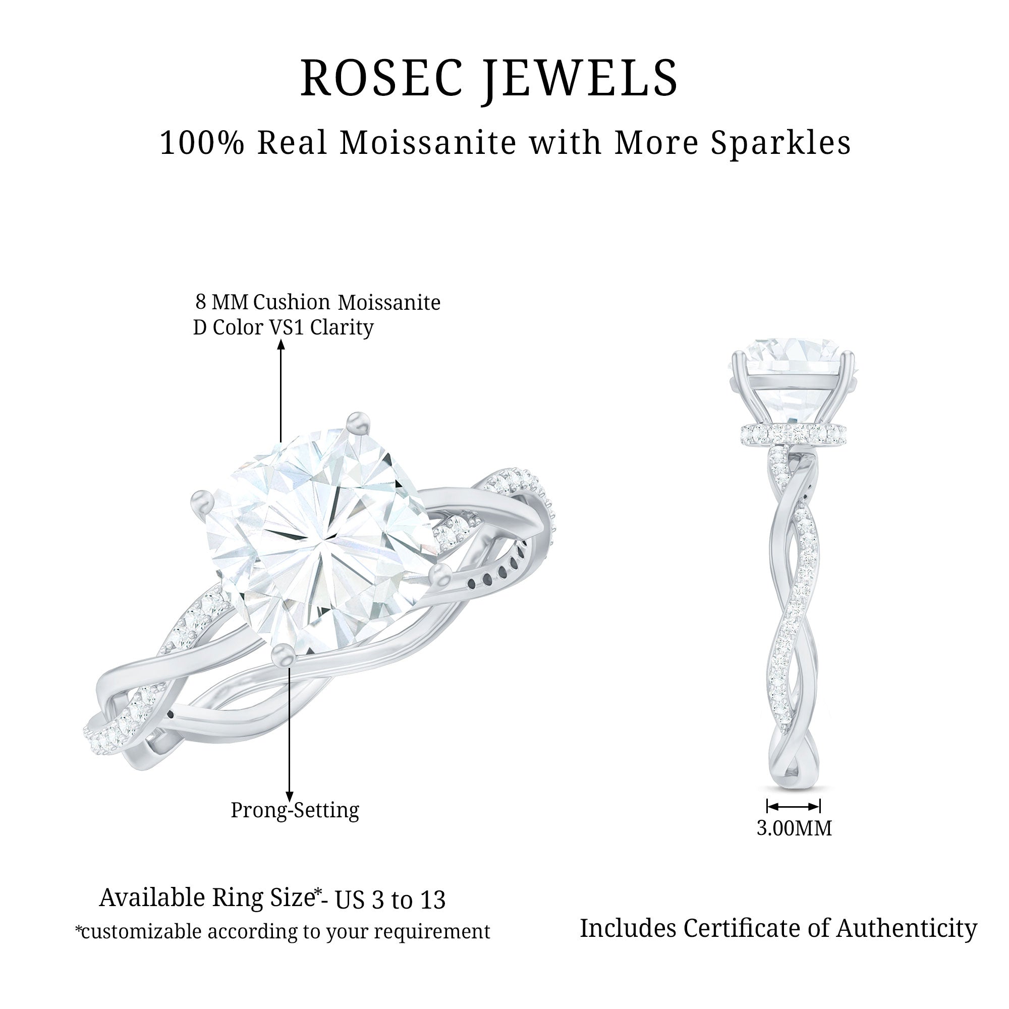 8 MM Moissanite Cushion Cut Hidden Halo Engagement Rings D-VS1 - Rosec Jewels
