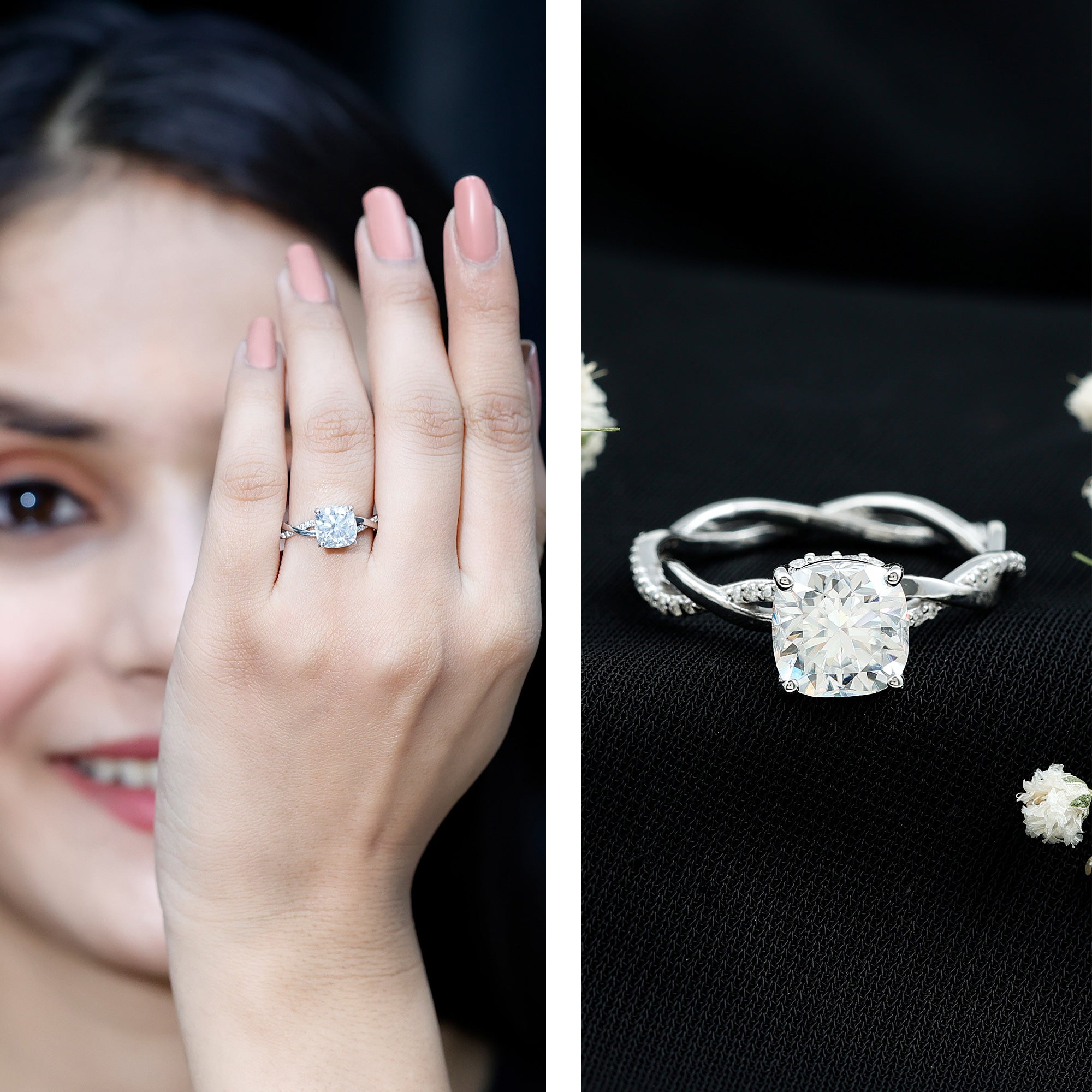 8 MM Moissanite Cushion Cut Hidden Halo Engagement Rings D-VS1 - Rosec Jewels