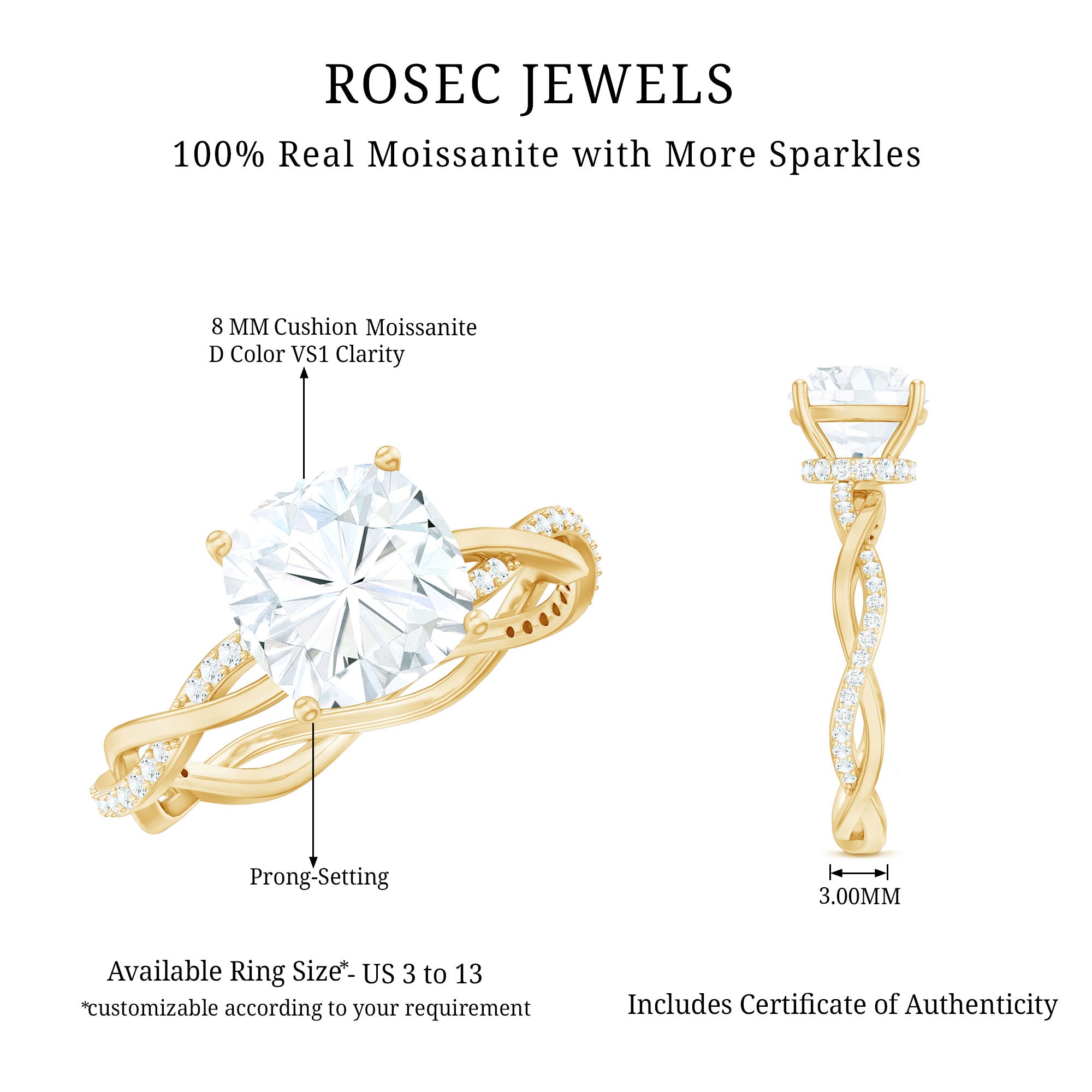 8 MM Moissanite Cushion Cut Hidden Halo Engagement Rings D-VS1 - Rosec Jewels