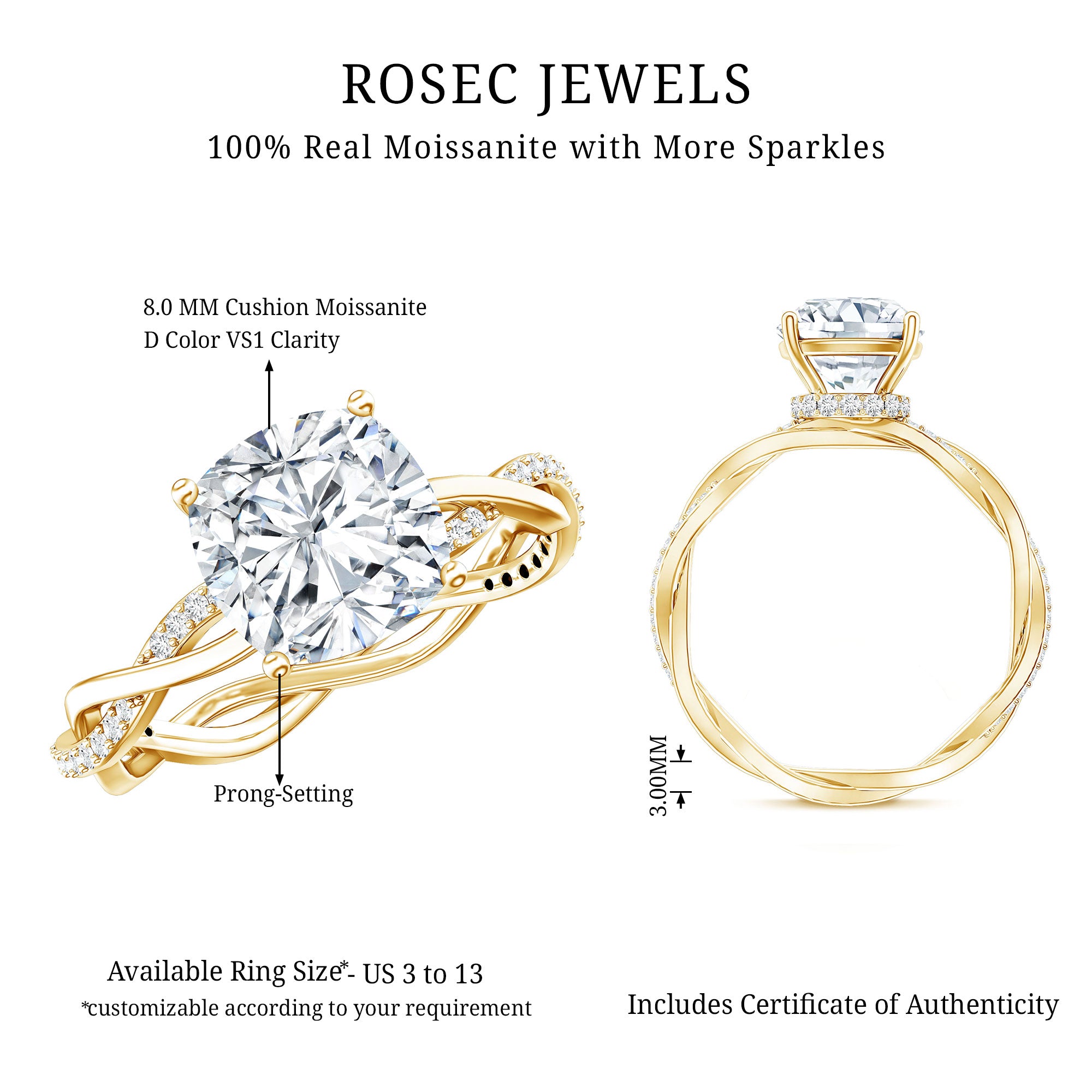 3 Carat Moissanite Cushion Cut Hidden Halo Engagement Rings D-VS1 - Rosec Jewels