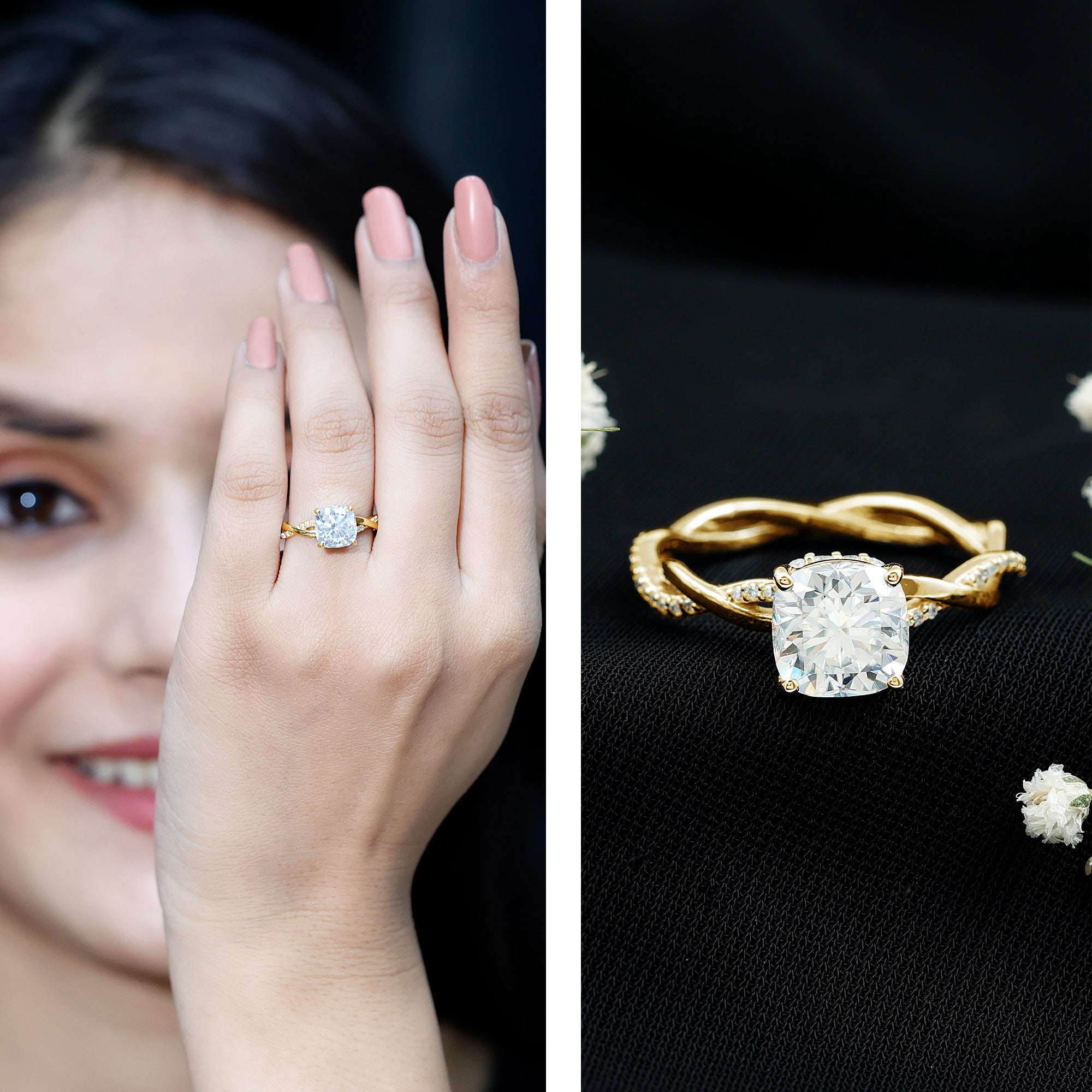 8 MM Moissanite Cushion Cut Hidden Halo Engagement Rings D-VS1 - Rosec Jewels