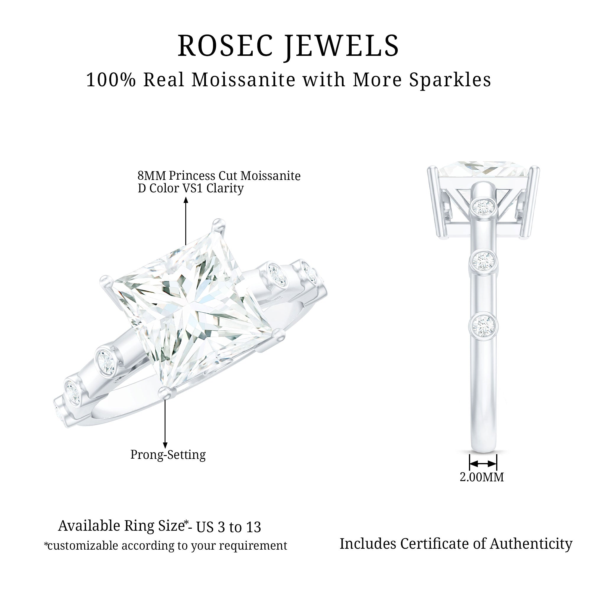 Princess Cut Moissanite Solitaire Engagement Ring with Spaced Accent D-VS1 - Rosec Jewels