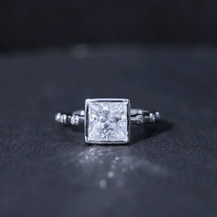 Bezel Set Moissanite Princess Cut Engagement Ring with Spaced Accent D-VS1 - Rosec Jewels