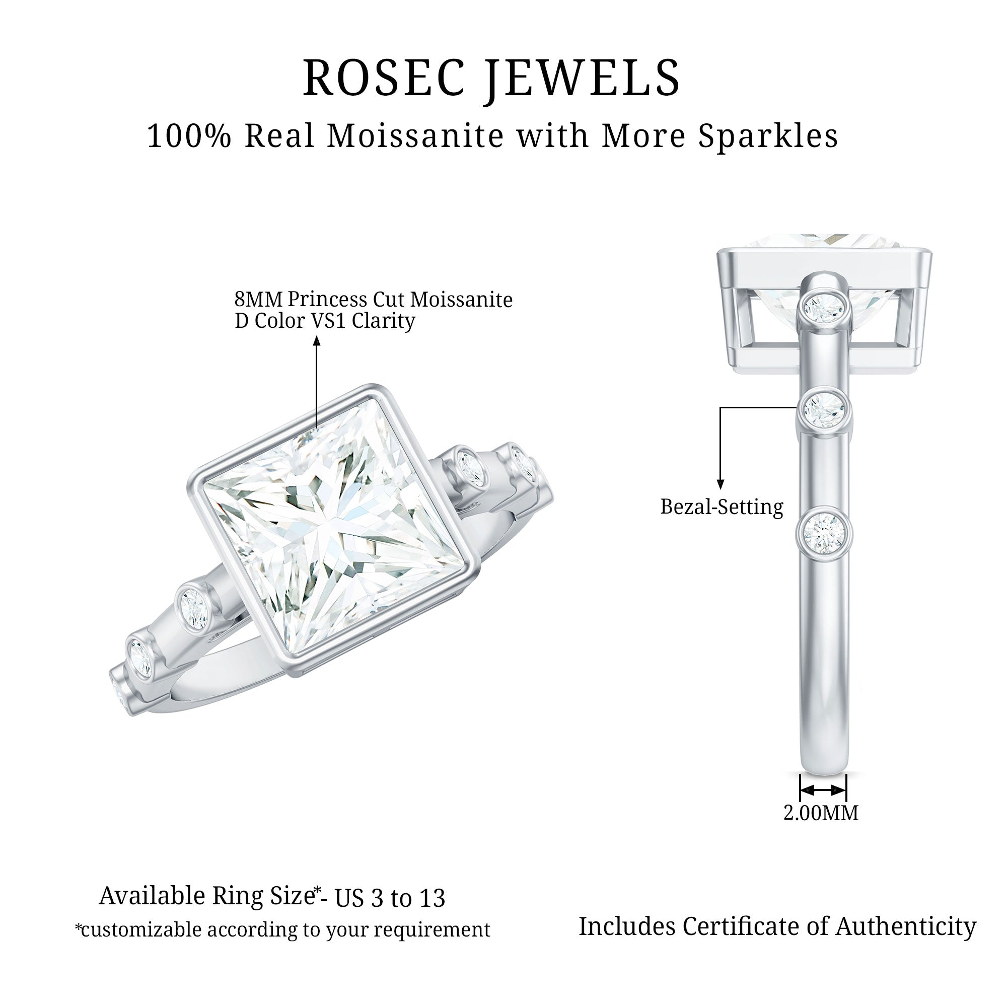 Bezel Set Moissanite Princess Cut Engagement Ring with Spaced Accent D-VS1 - Rosec Jewels