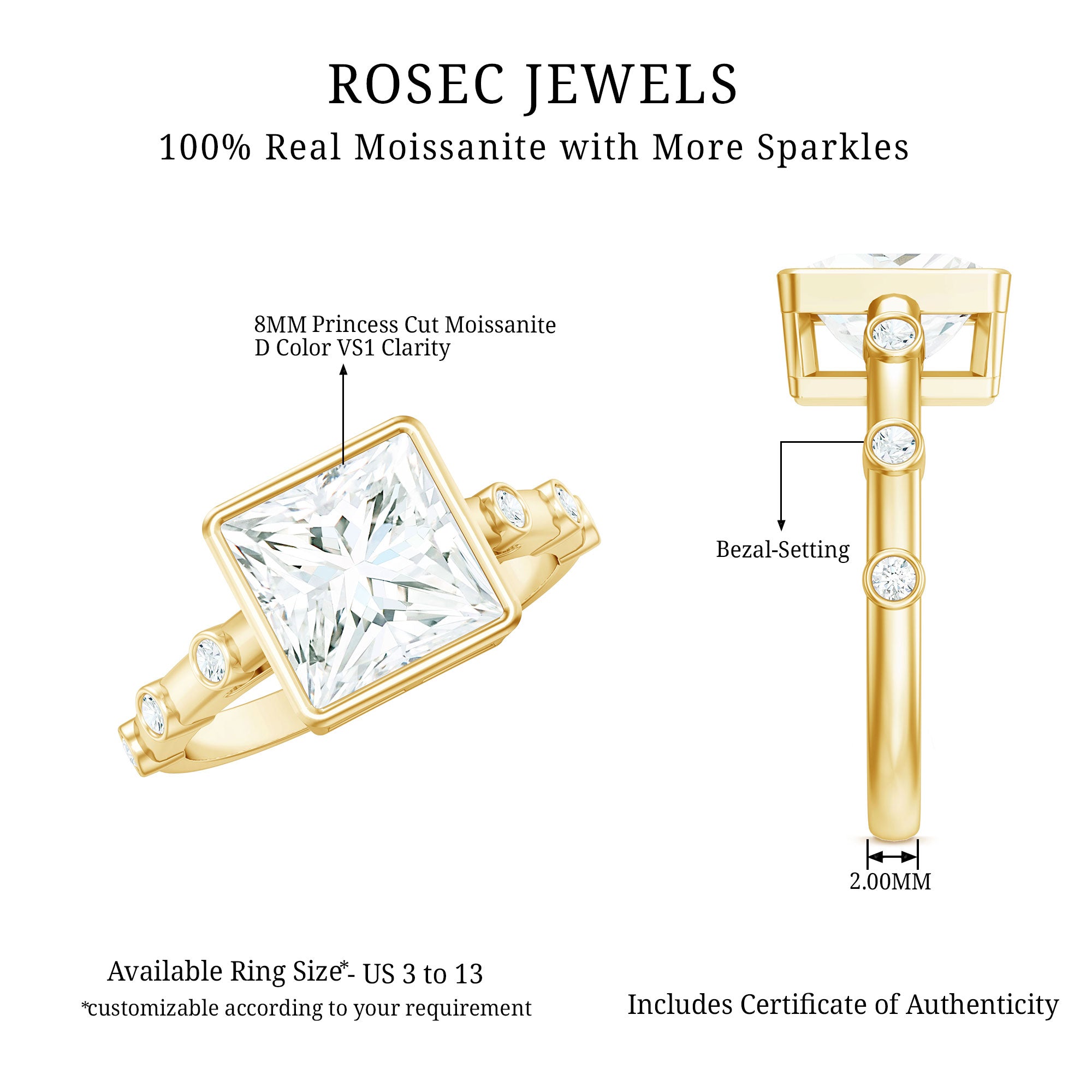 Bezel Set Moissanite Princess Cut Engagement Ring with Spaced Accent D-VS1 - Rosec Jewels