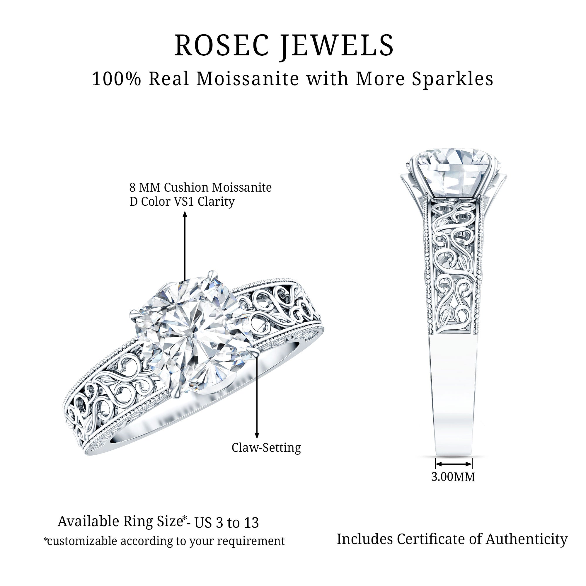 8 MM Cushion Cut Moissanite Engagement Ring with Filigree Details D-VS1 - Rosec Jewels