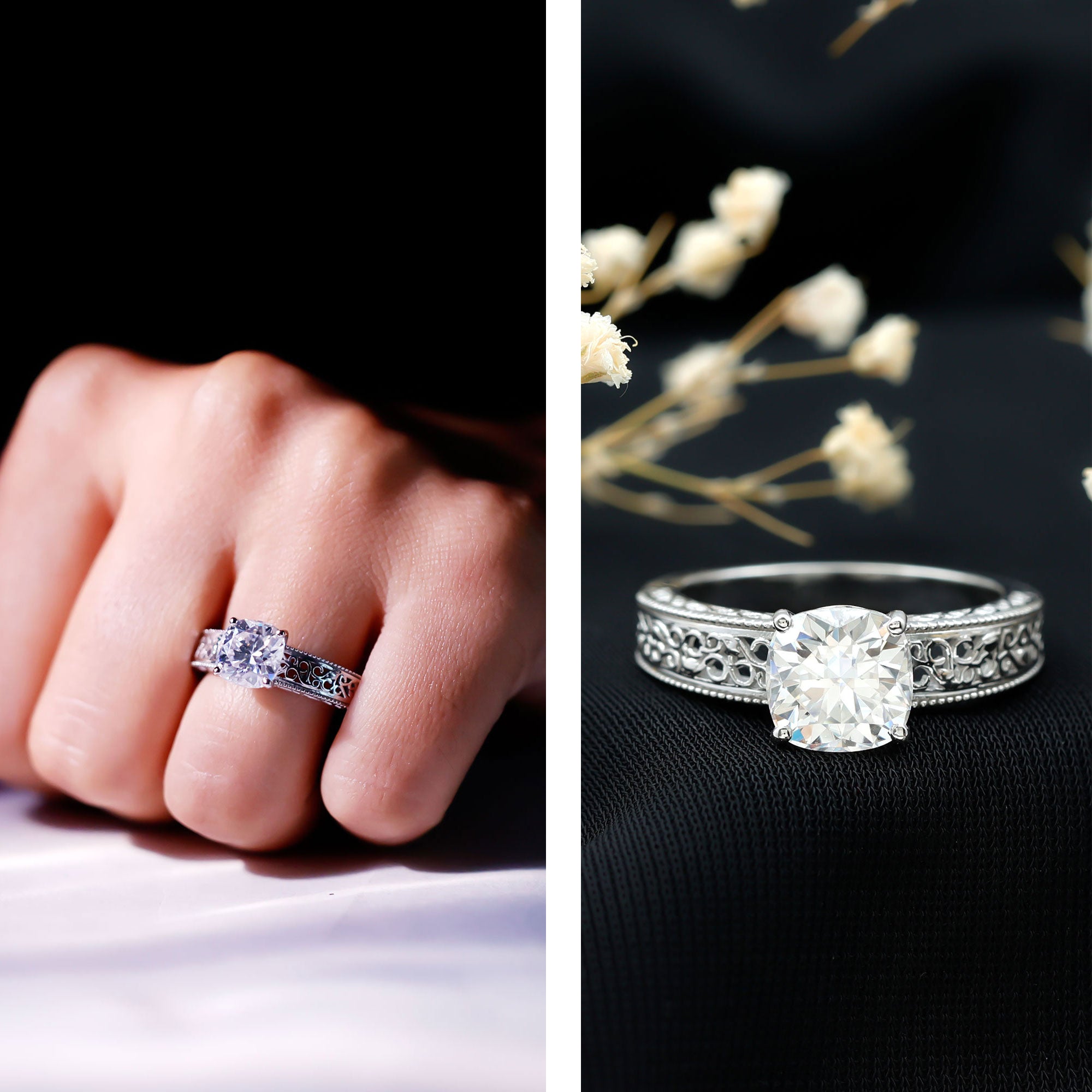 8 MM Cushion Cut Moissanite Engagement Ring with Filigree Details D-VS1 - Rosec Jewels