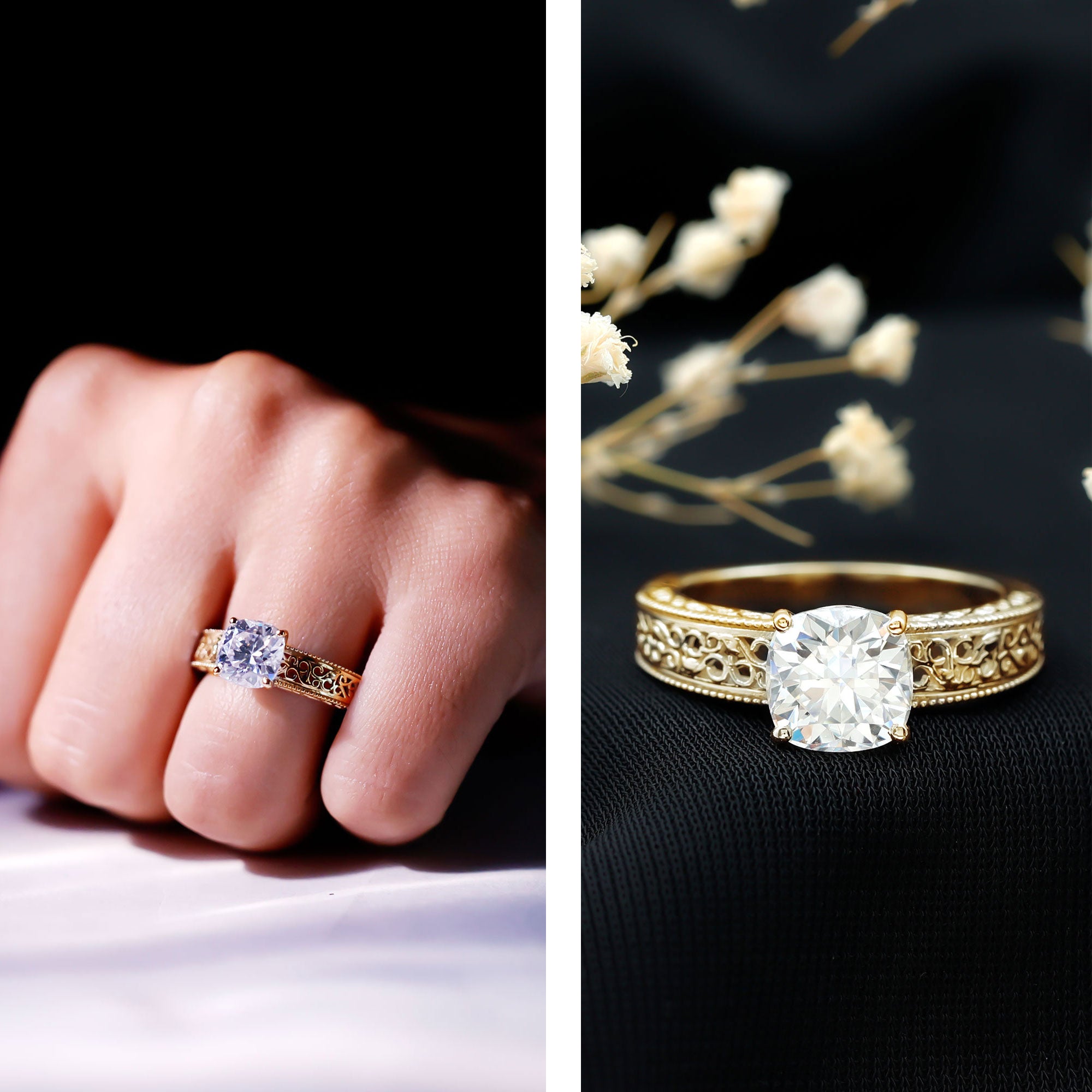8 MM Cushion Cut Moissanite Engagement Ring with Filigree Details D-VS1 - Rosec Jewels