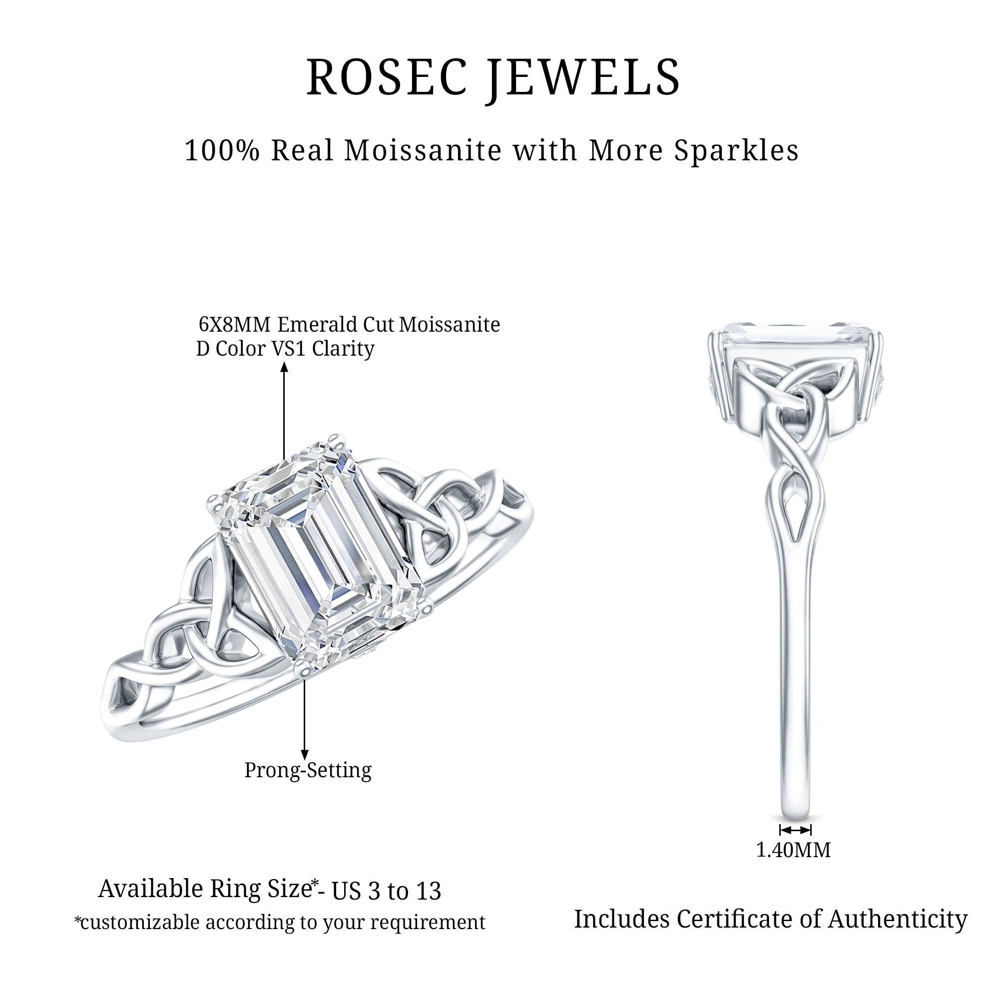 2 CT Moissanite Engagement Ring with Celtic Details D-VS1 - Rosec Jewels