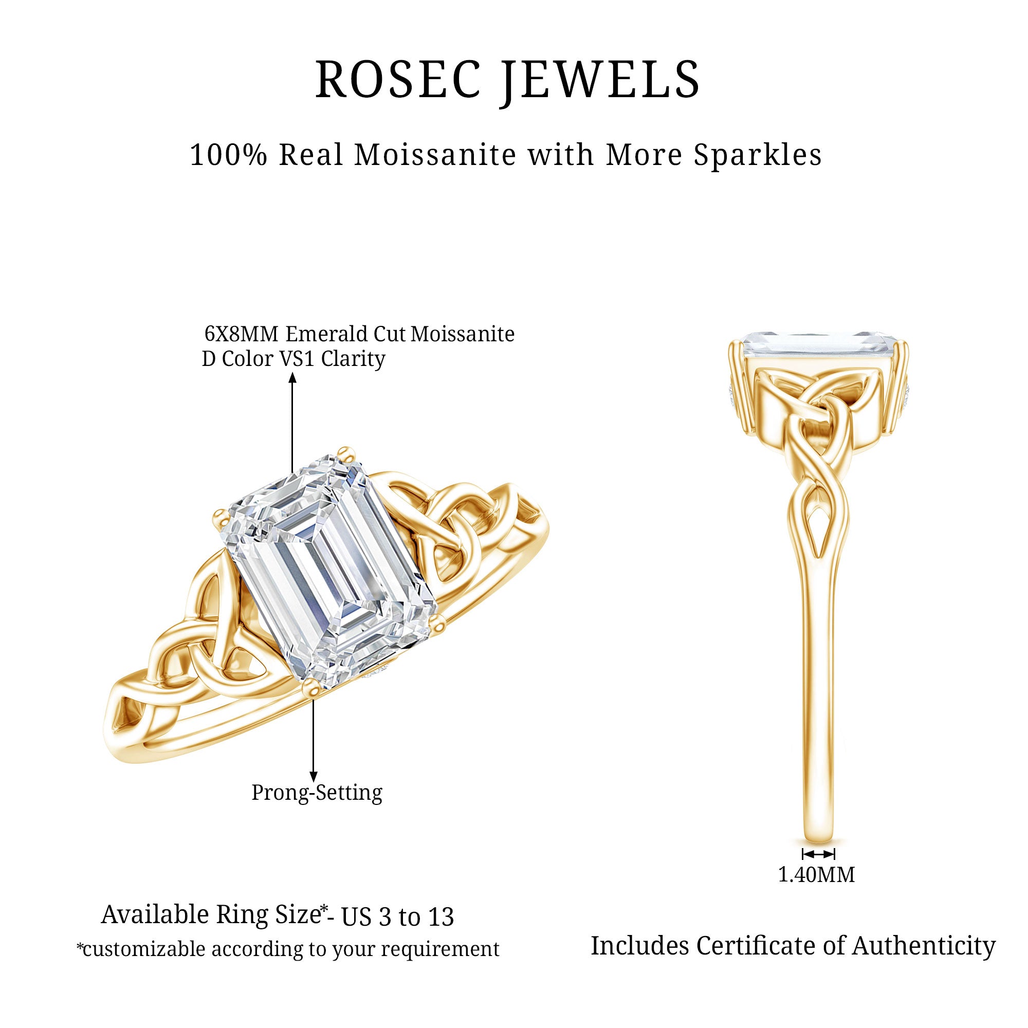 2 CT Moissanite Engagement Ring with Celtic Details D-VS1 - Rosec Jewels