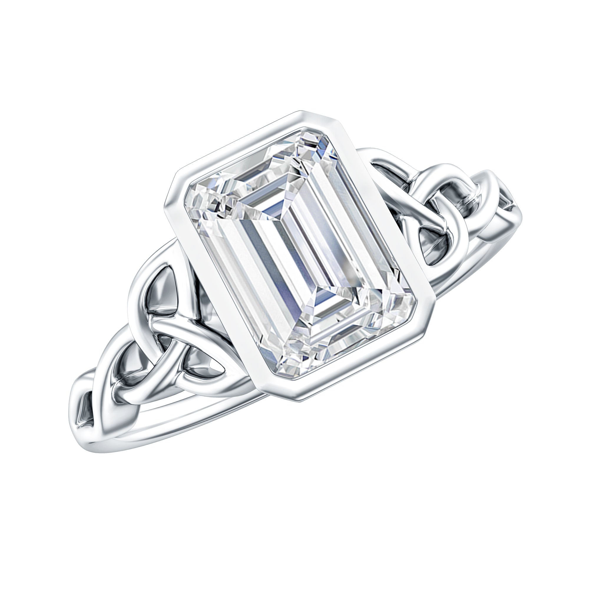 Bezel Set Emerald Cut Moissanite Celtic Engagement Ring D-VS1 - Rosec Jewels