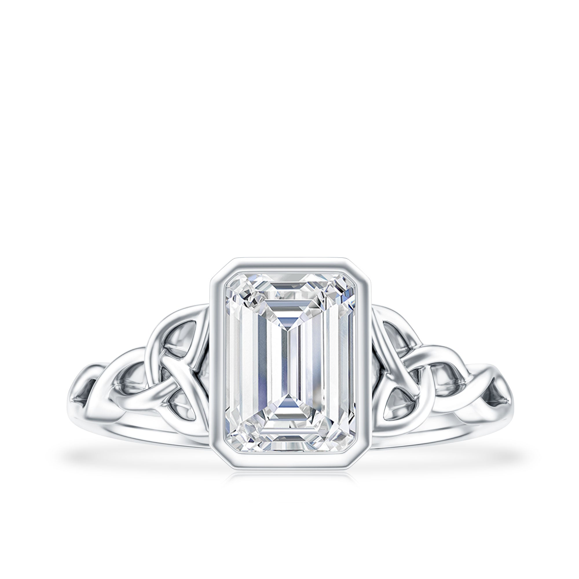 Bezel Set Emerald Cut Moissanite Celtic Engagement Ring D-VS1 - Rosec Jewels