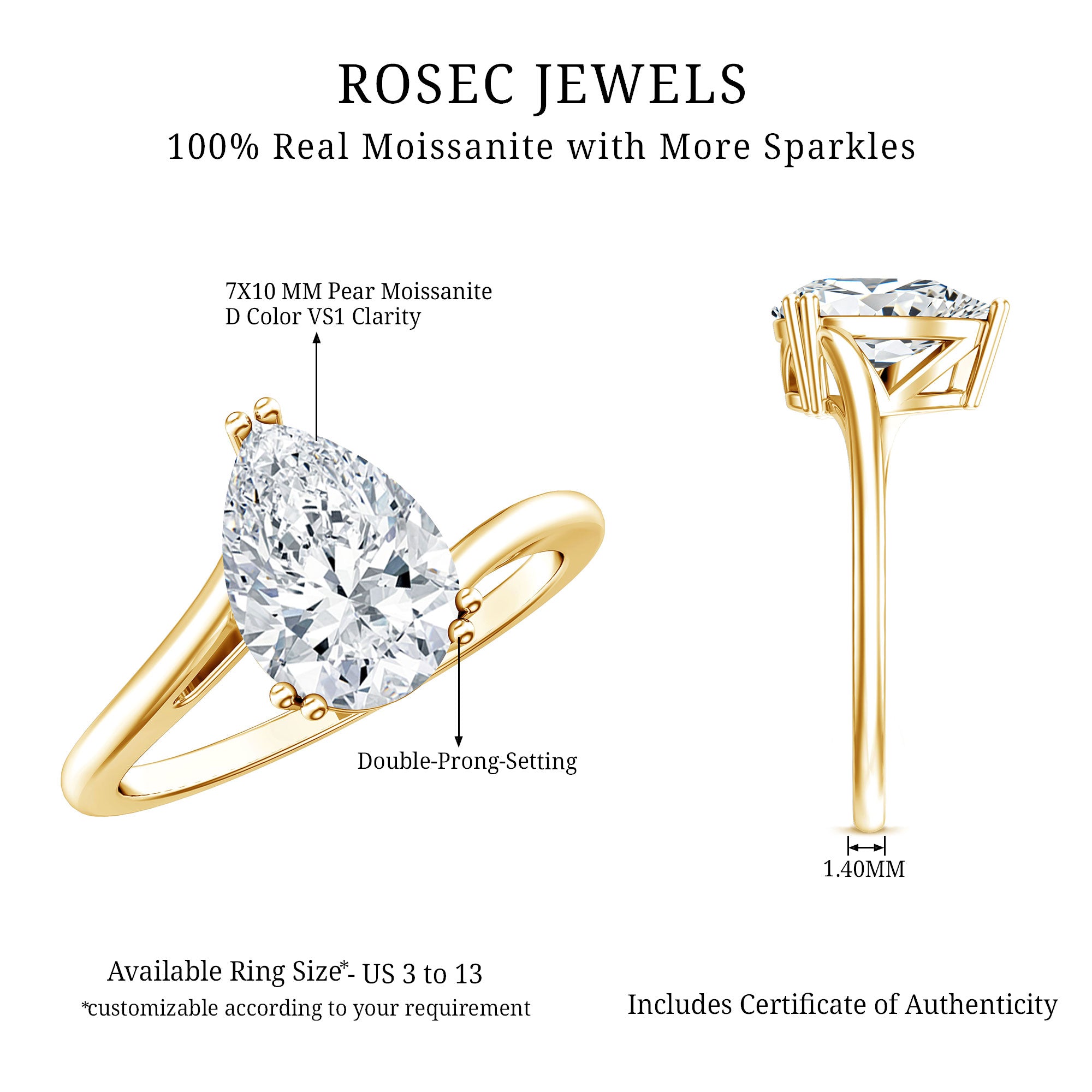 Pear Engagement Ring With Certified Moissanite D-VS1 - Rosec Jewels