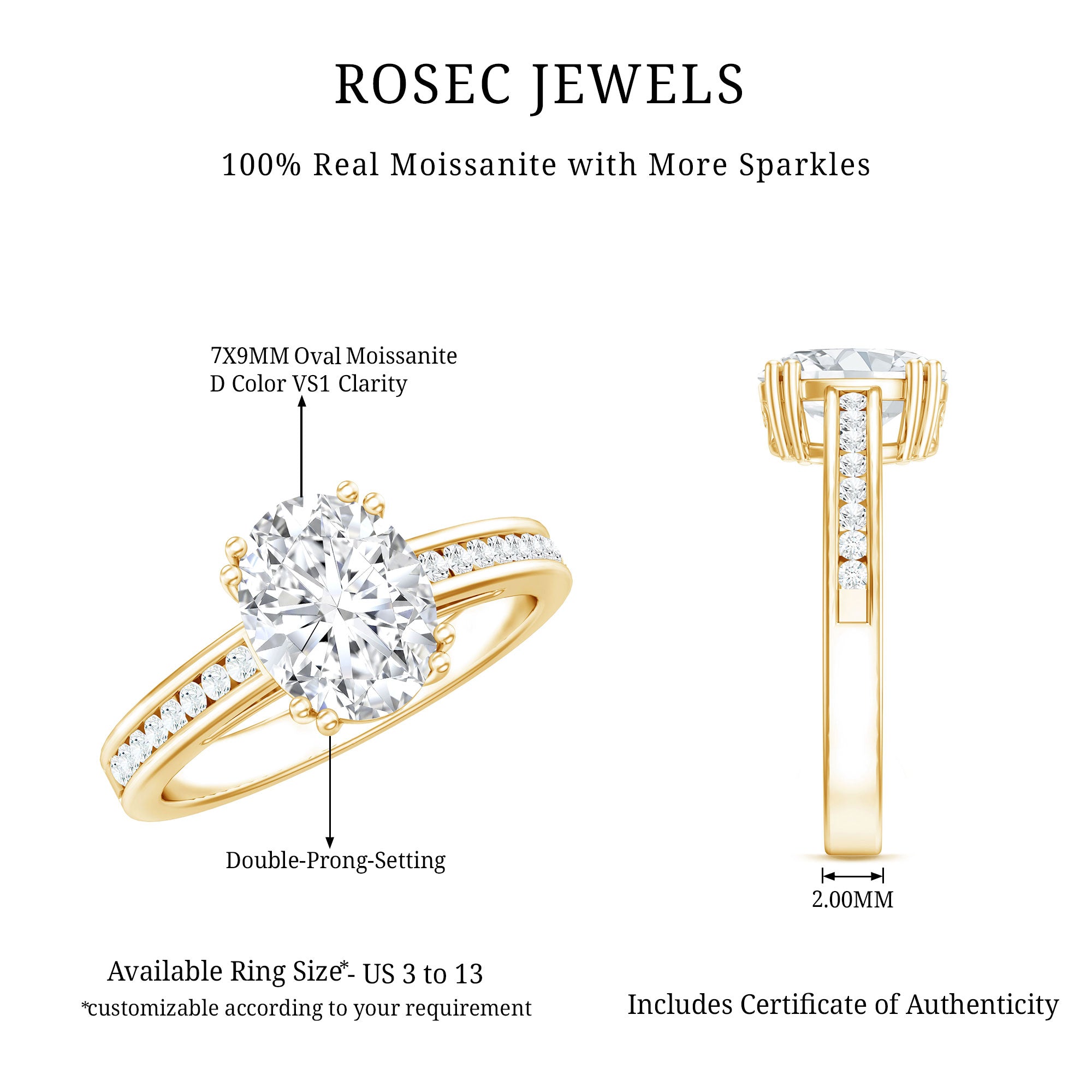 Rosec Jewels-Certified Moissanite Oblong Engagement Ring in Double Prong Setting