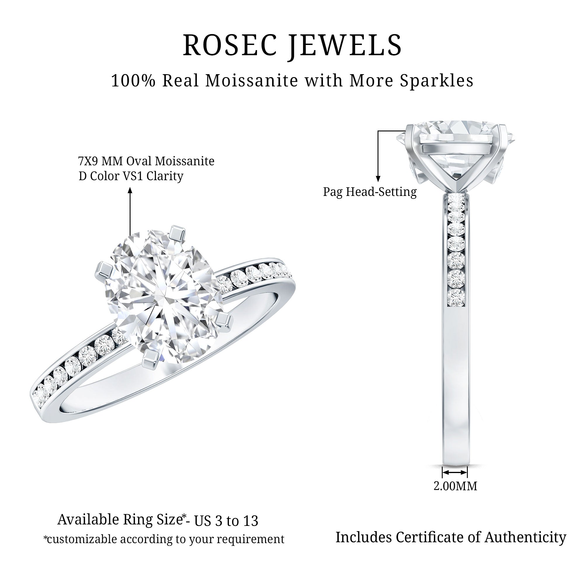 7X9 MM Solitaire Moissanite Oval Engagement Ring with Channel Set D-VS1 - Rosec Jewels