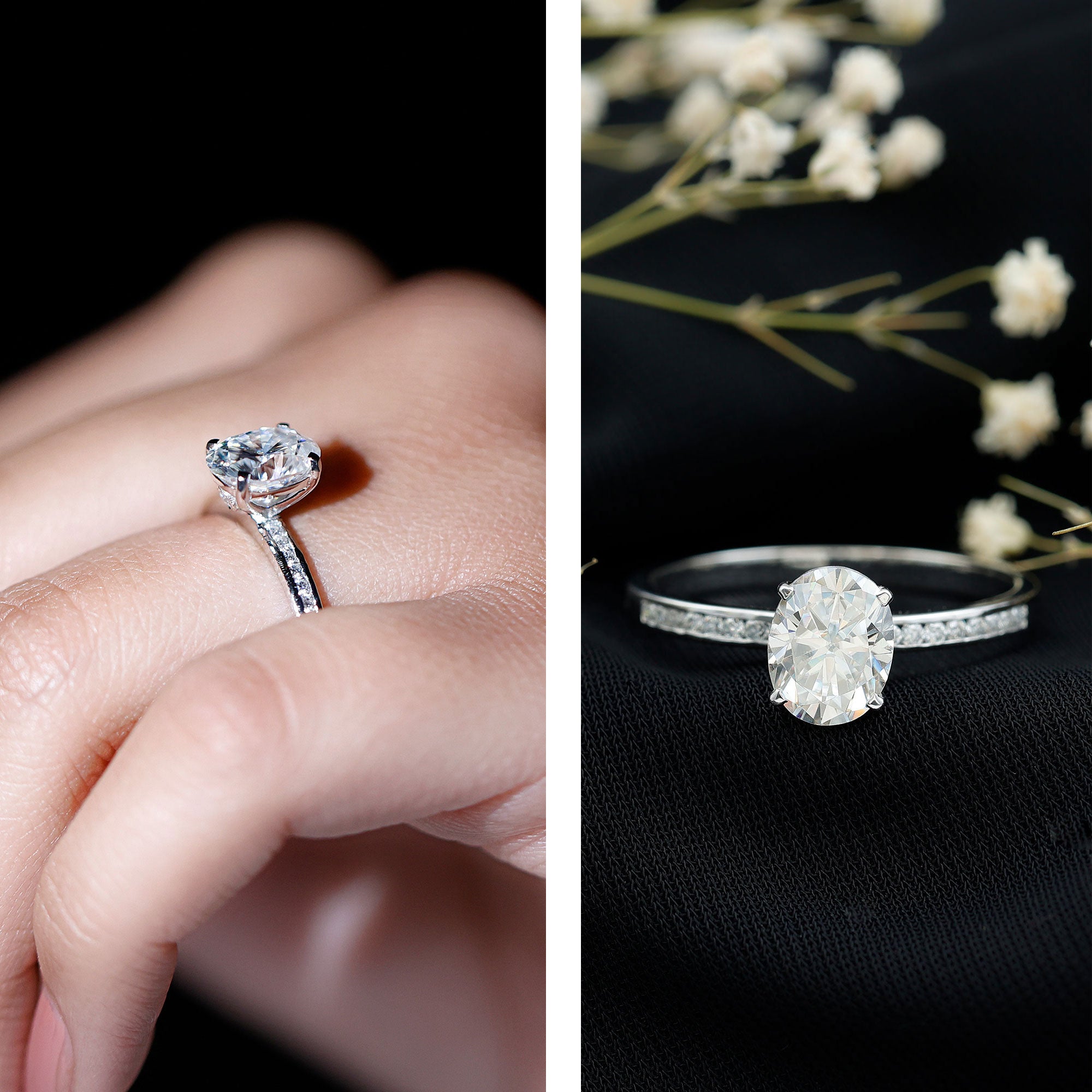 7X9 MM Solitaire Moissanite Oval Engagement Ring with Channel Set D-VS1 - Rosec Jewels