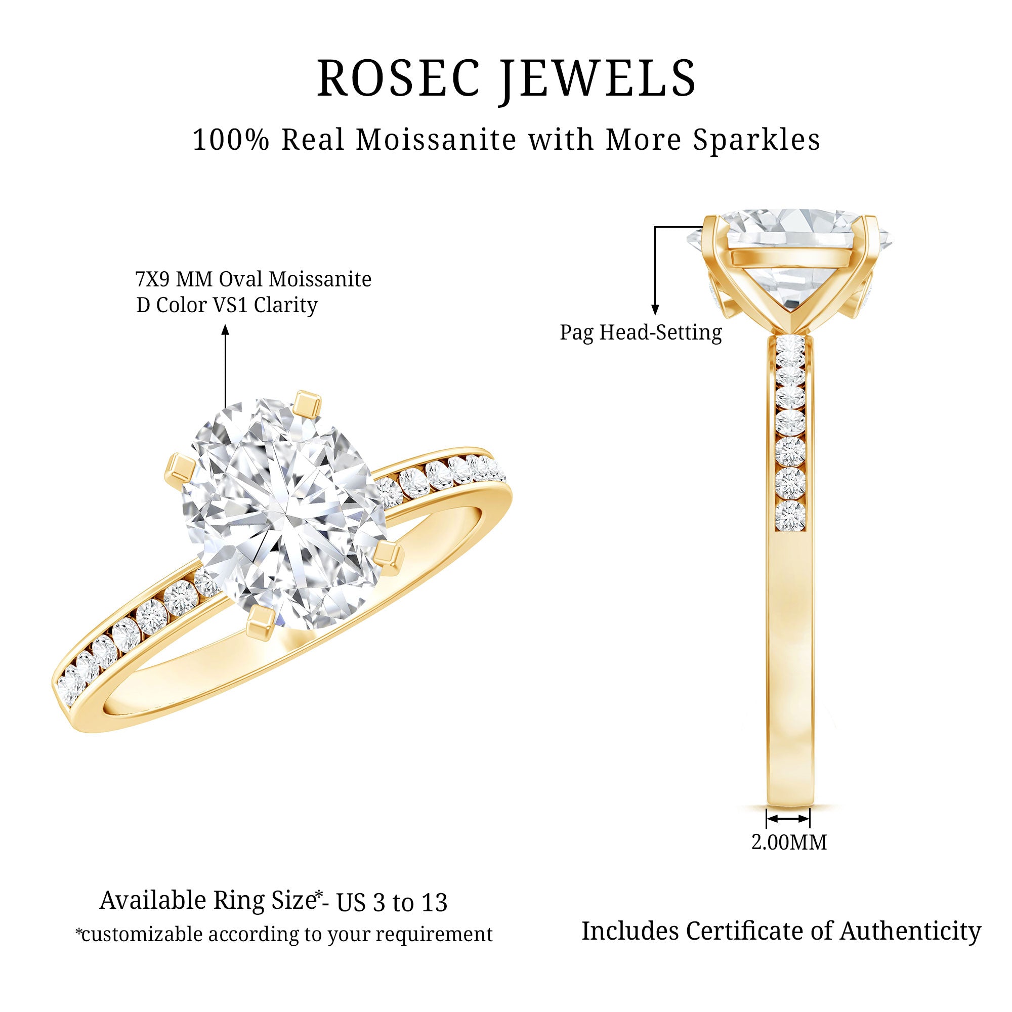 7X9 MM Solitaire Moissanite Oval Engagement Ring with Channel Set D-VS1 - Rosec Jewels