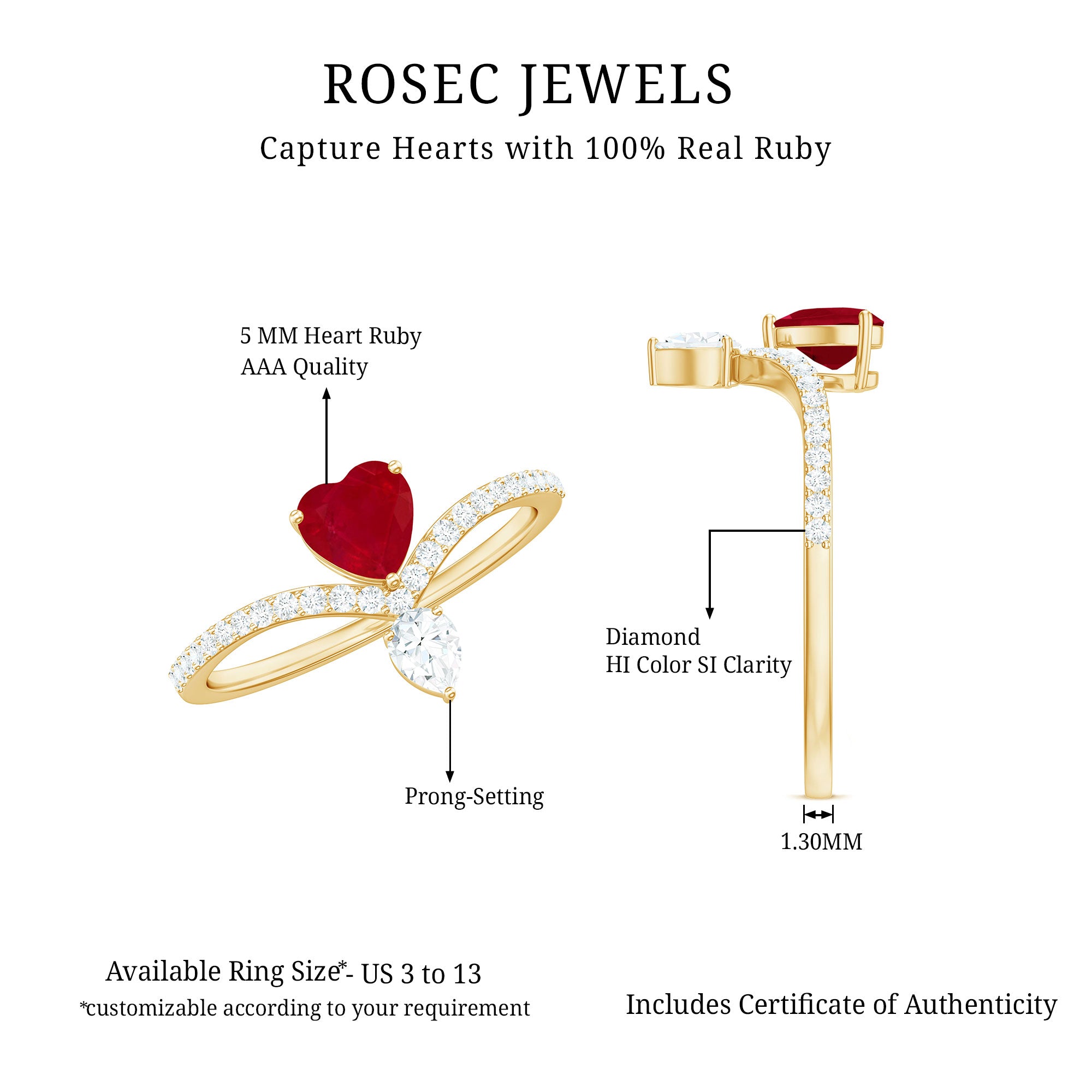 Natural 0.6 Carat Ruby Heart Promise Ring with Diamond Chevron Shank AAA - Rosec Jewels