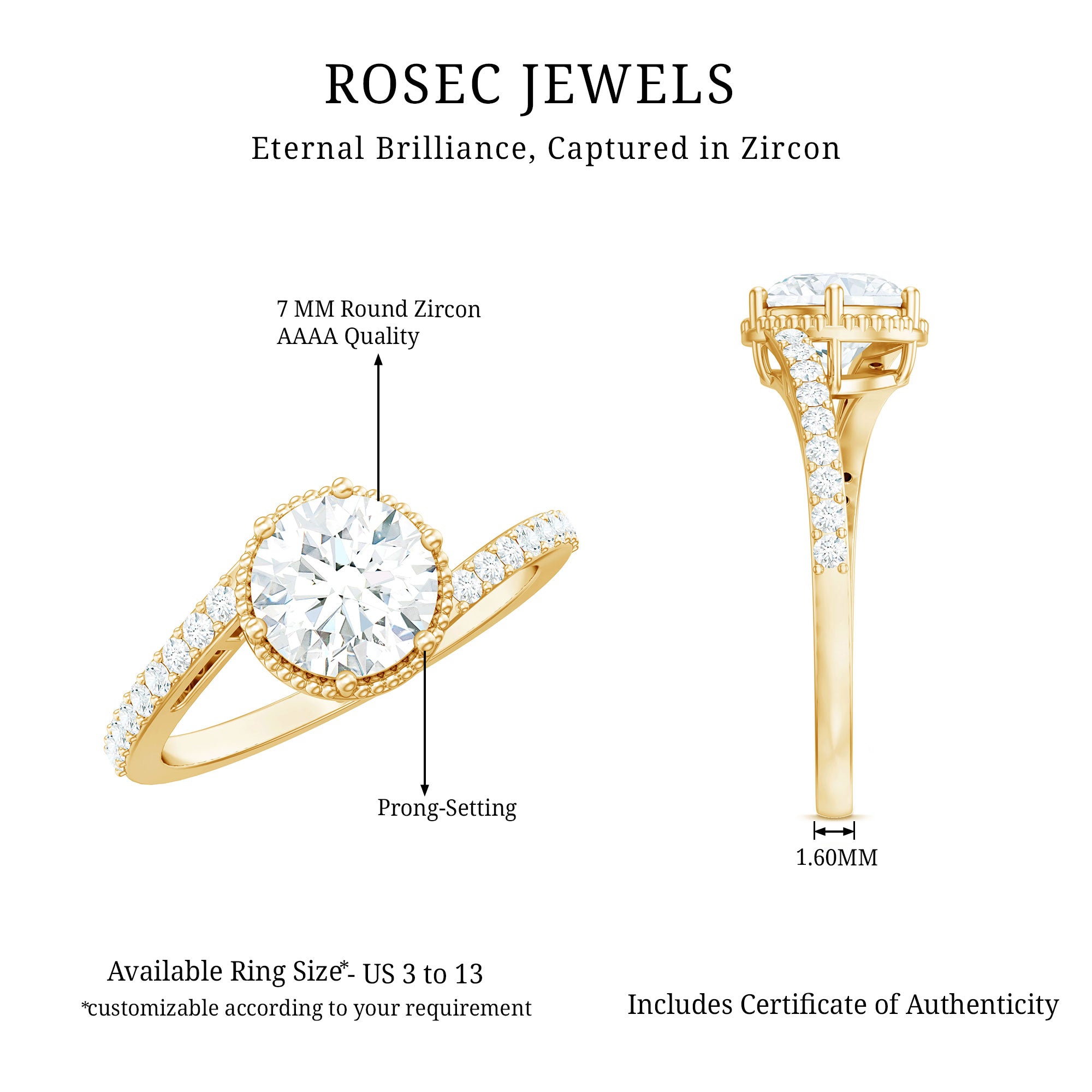 Round Cut Solitaire Zircon Bypass Engagement Ring AAAA - Rosec Jewels