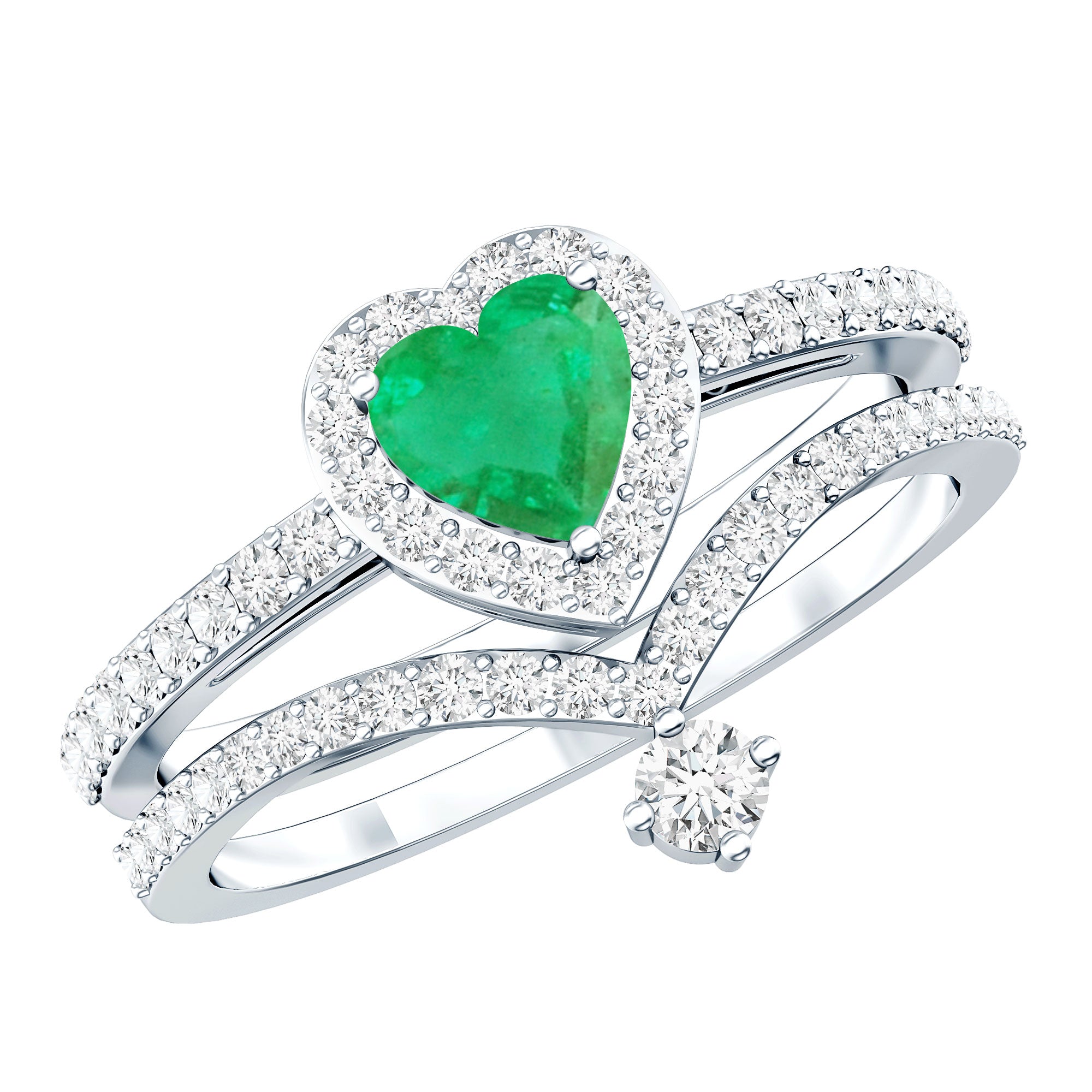 Rosec Jewels-Real Emerald and Diamond Heart Wedding Ring Set with Certificate