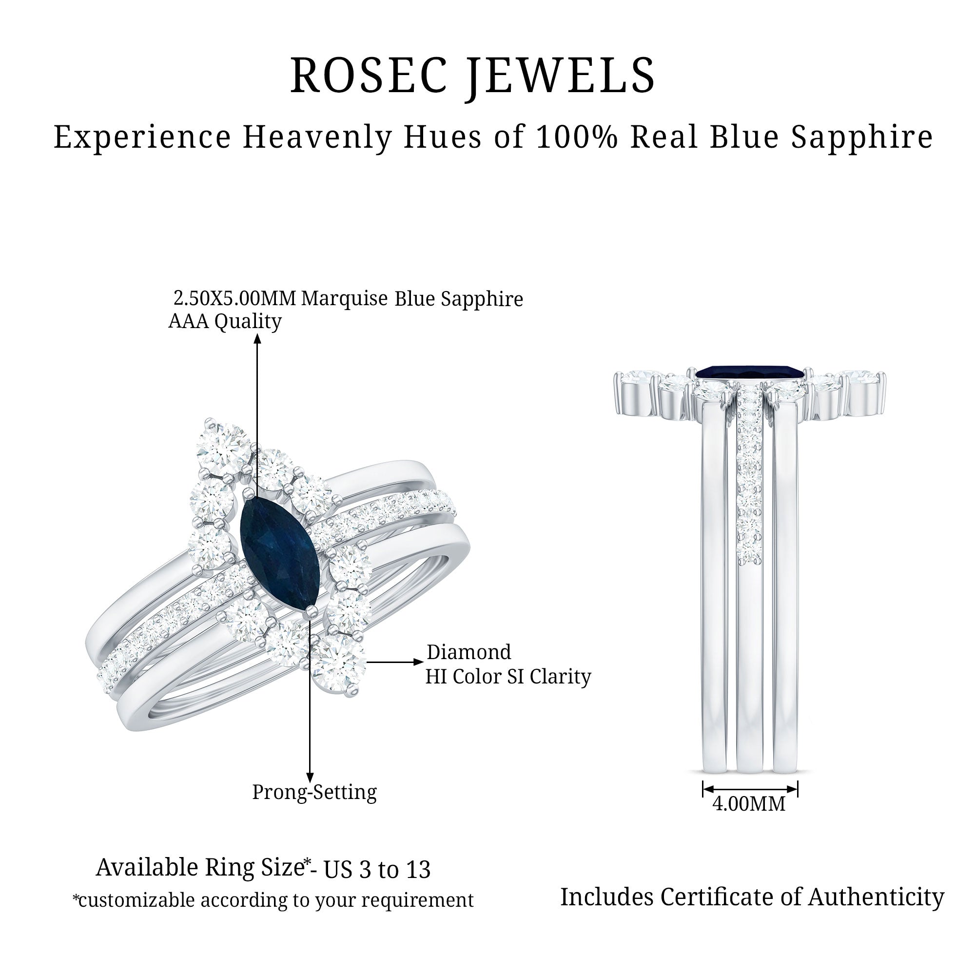 Natural Marquise Cut Blue Sapphire and Diamond Three Piece Stackable Ring Set AAA - Rosec Jewels