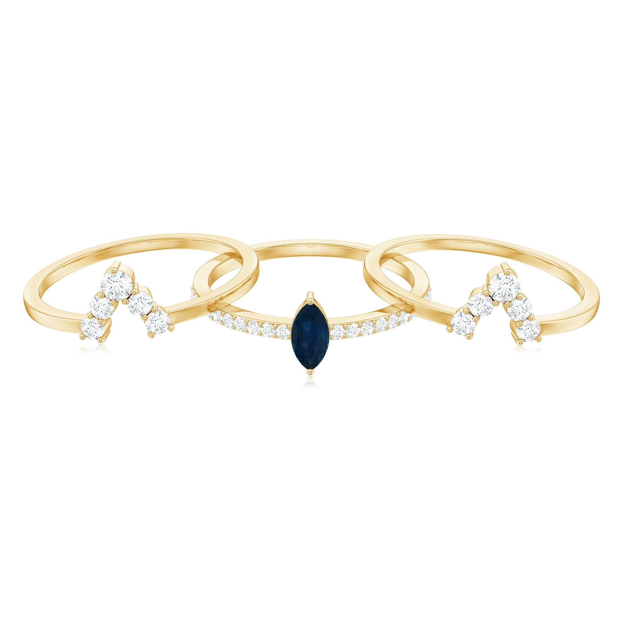 Natural Marquise Cut Blue Sapphire and Diamond Three Piece Stackable Ring Set AAA - Rosec Jewels