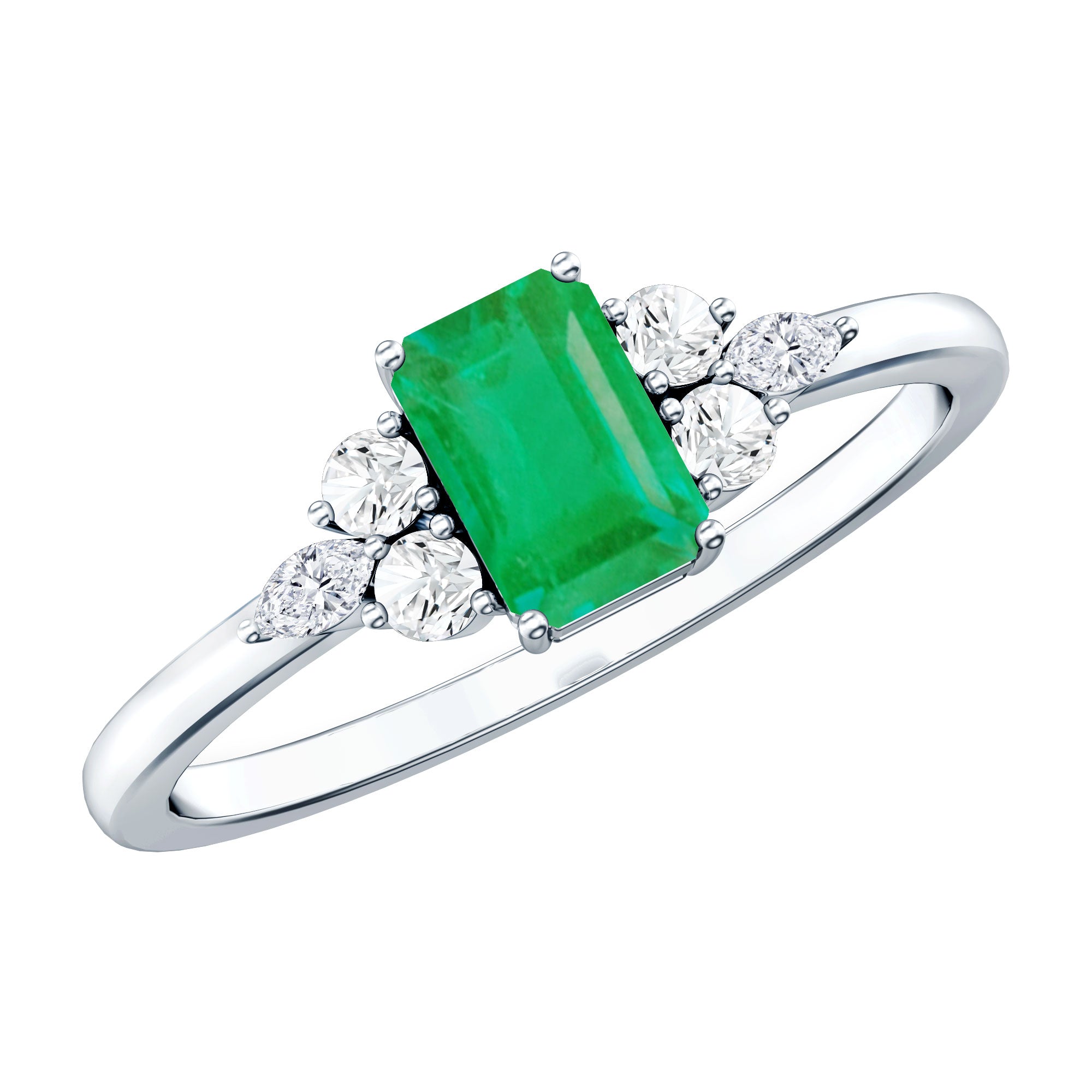 Emerald Cut Emerald Engagement Ring with Diamond Trio AAA - Rosec Jewels