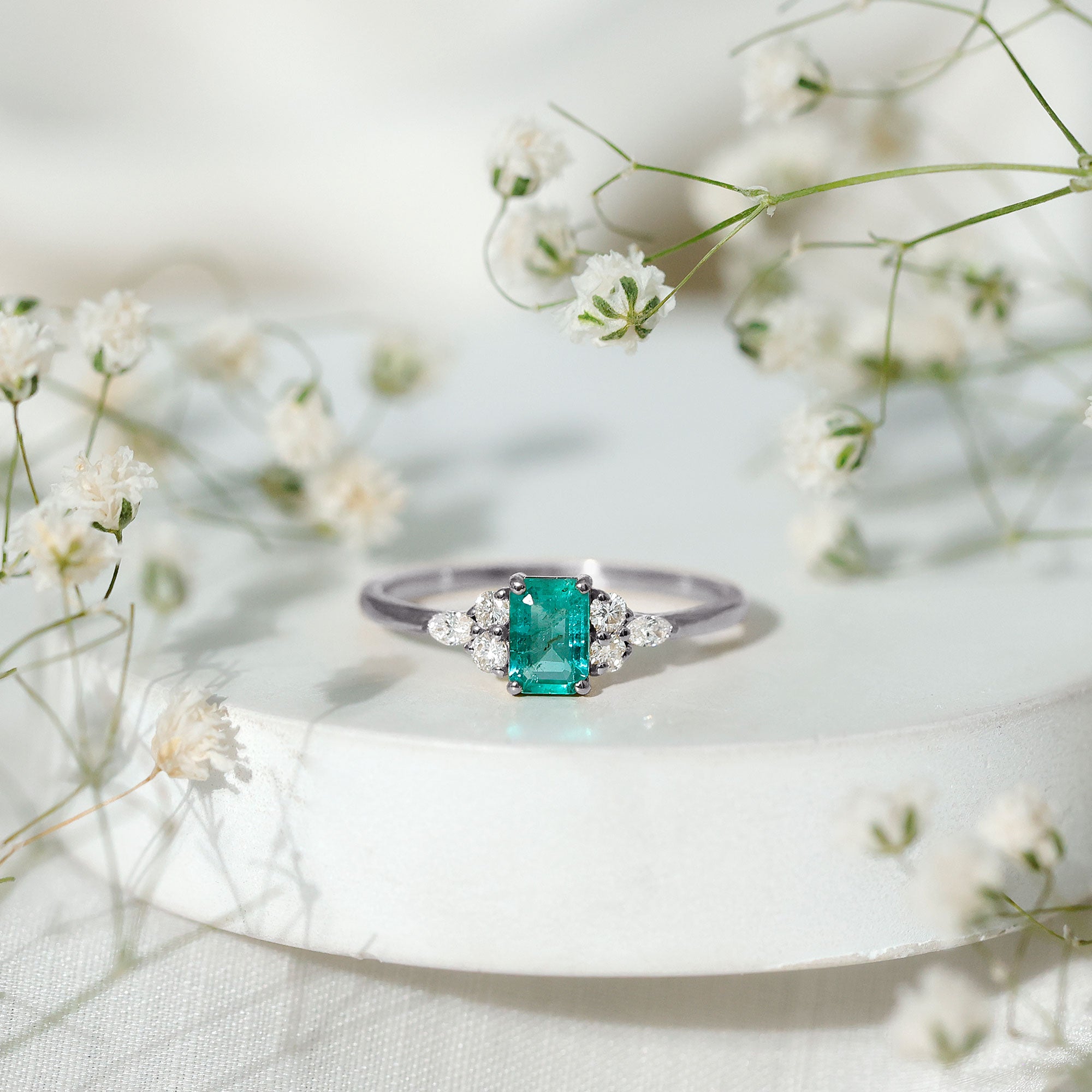 Emerald Cut Emerald Engagement Ring with Diamond Trio AAA - Rosec Jewels