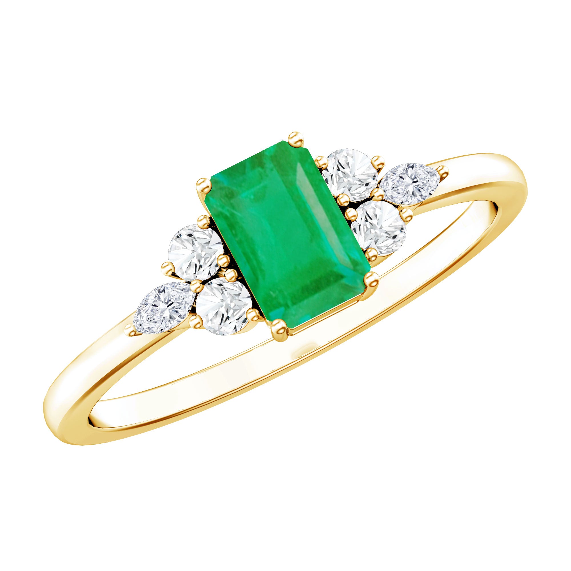 Emerald Cut Emerald Engagement Ring with Diamond Trio AAA - Rosec Jewels