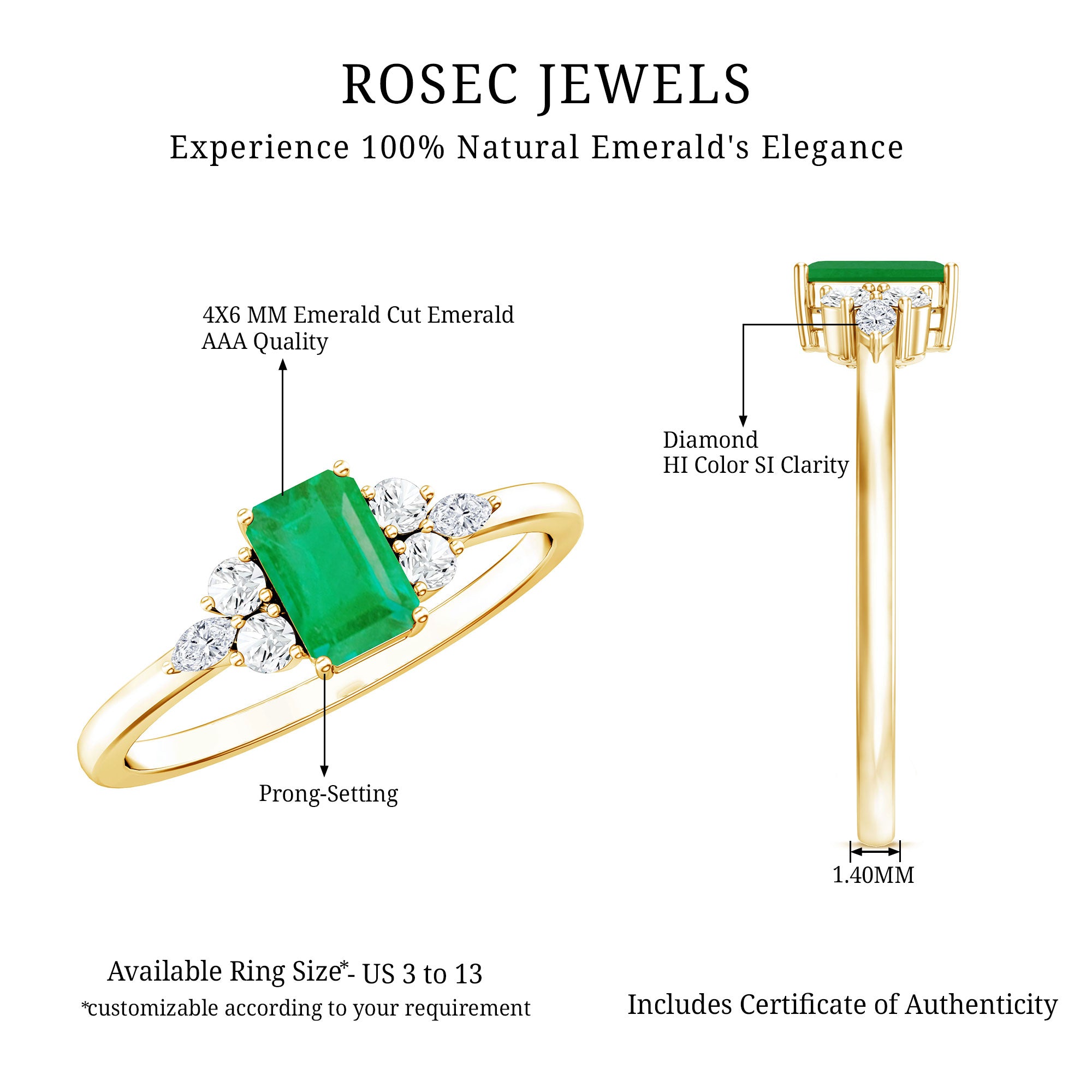 Emerald Cut Emerald Engagement Ring with Diamond Trio AAA - Rosec Jewels