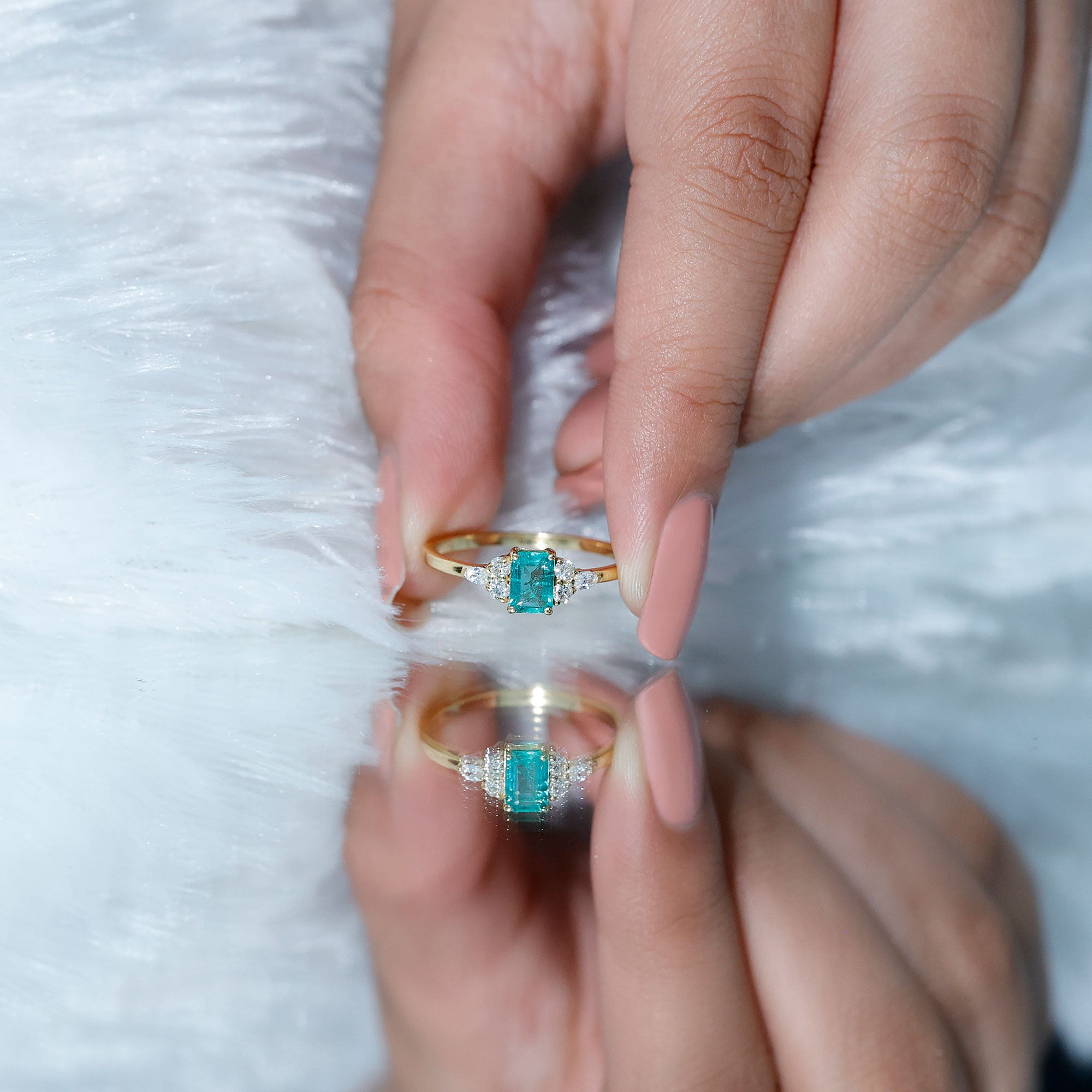Emerald Cut Emerald Engagement Ring with Diamond Trio AAA - Rosec Jewels