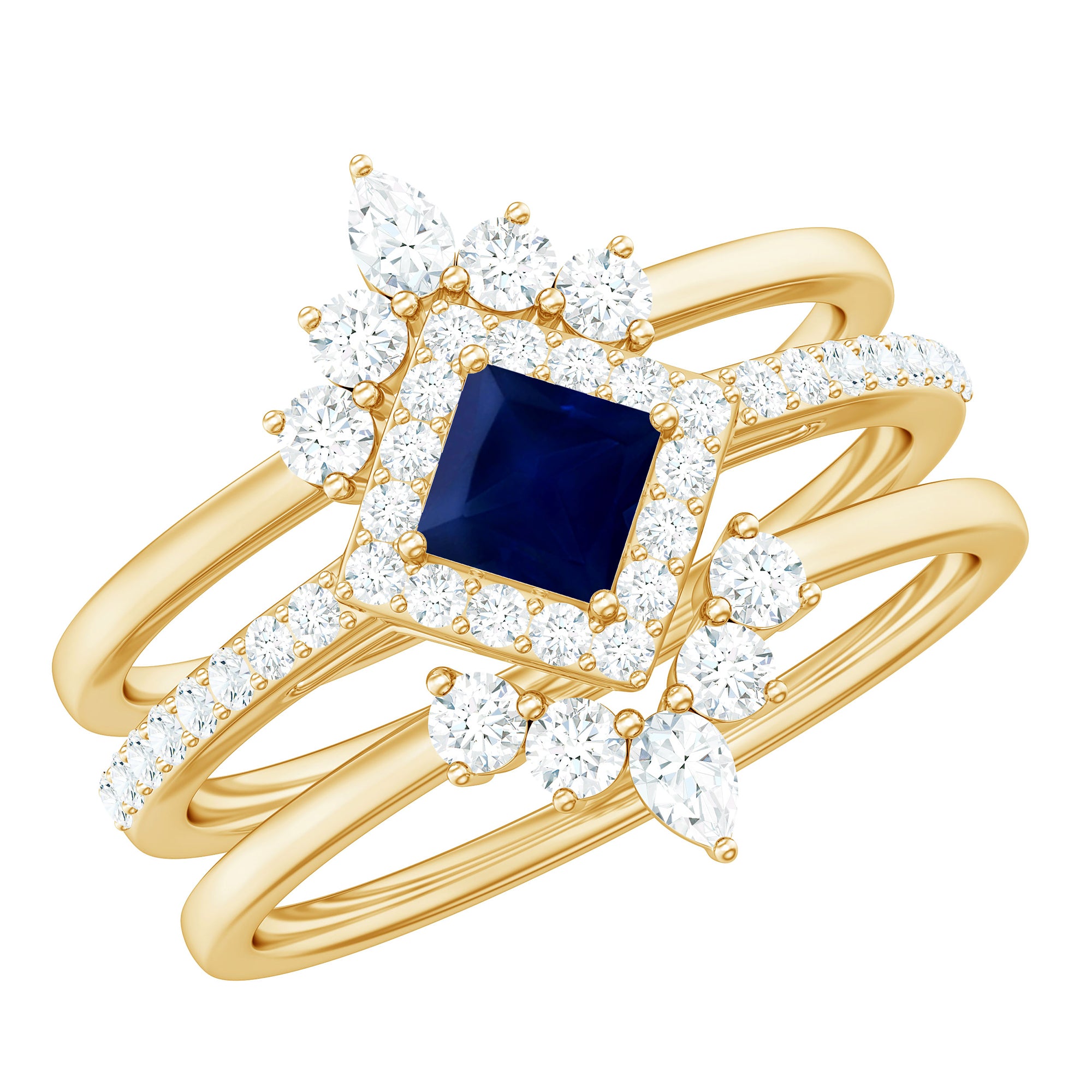 Rosec Jewels-1.5 CT Princess Cut Blue Sapphire Bridal Ring Set with Moissanite Halo