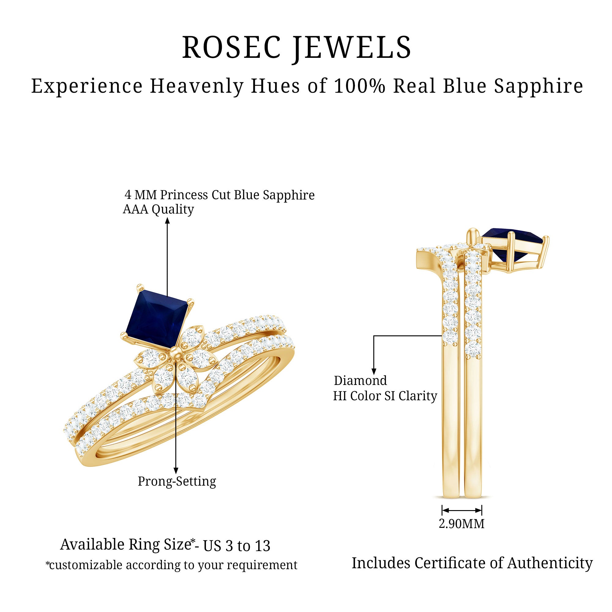 Designer Princess Cut Blue Sapphire and Diamond Flower Wedding Ring Set AAA - Rosec Jewels