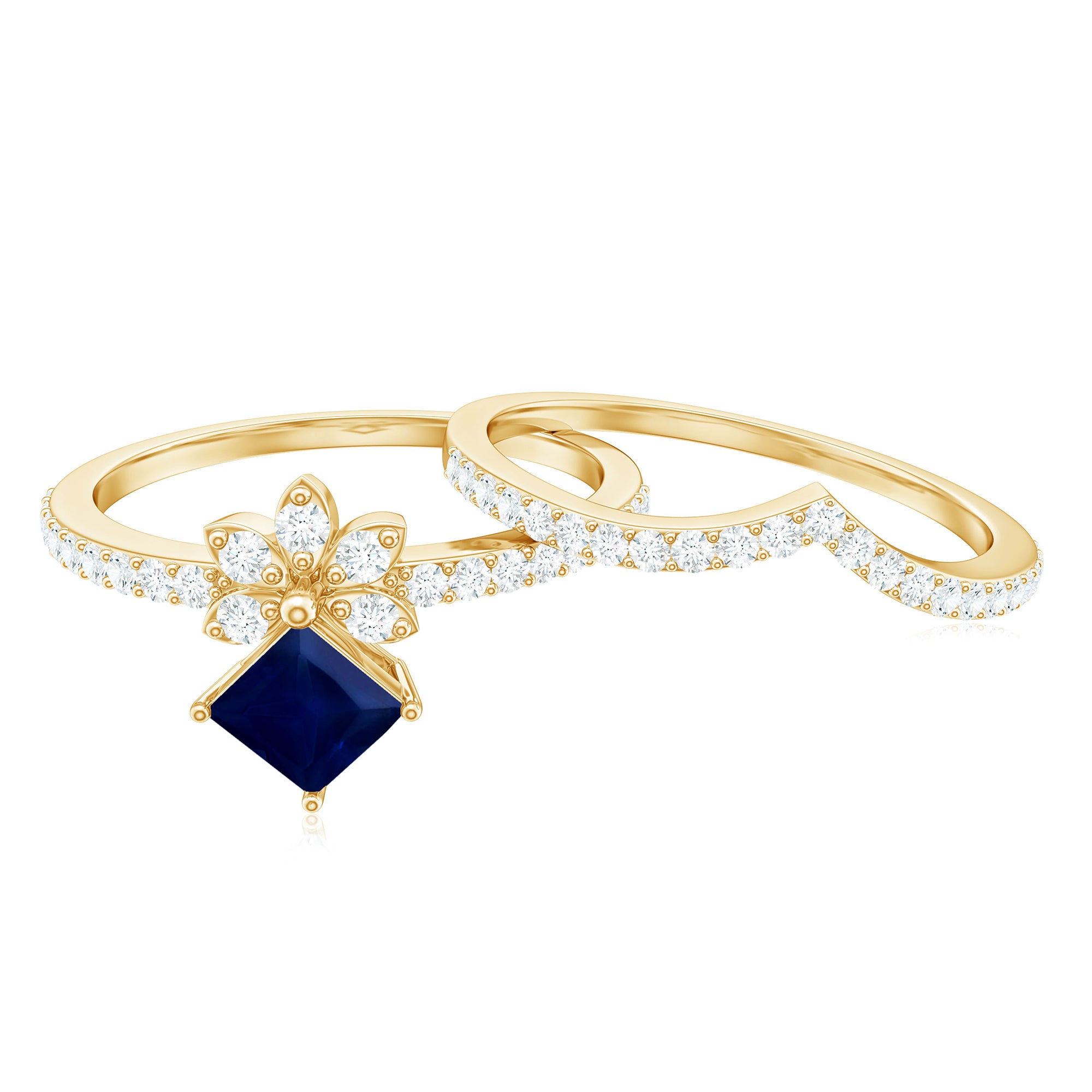 Designer Princess Cut Blue Sapphire and Diamond Flower Wedding Ring Set AAA - Rosec Jewels