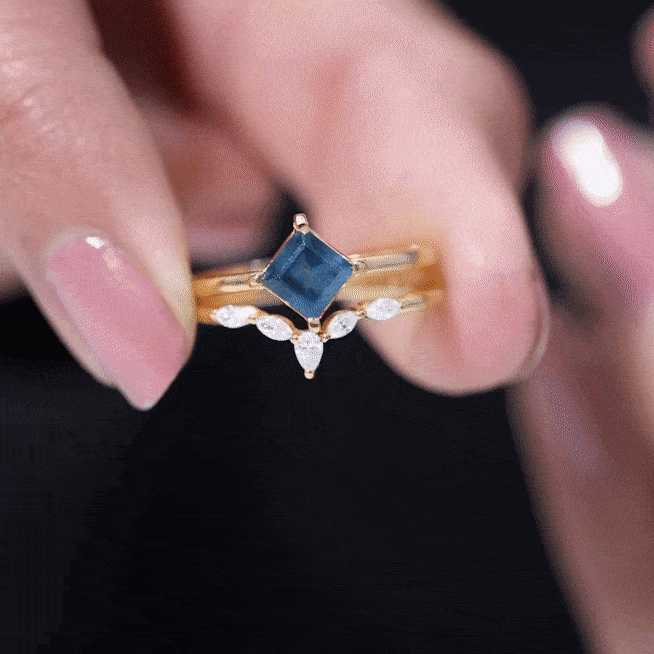 Certified Lab Grown Blue Sapphire Princess Cut Engagement Ring Set with Diamond AAAA - Rosec Jewels
