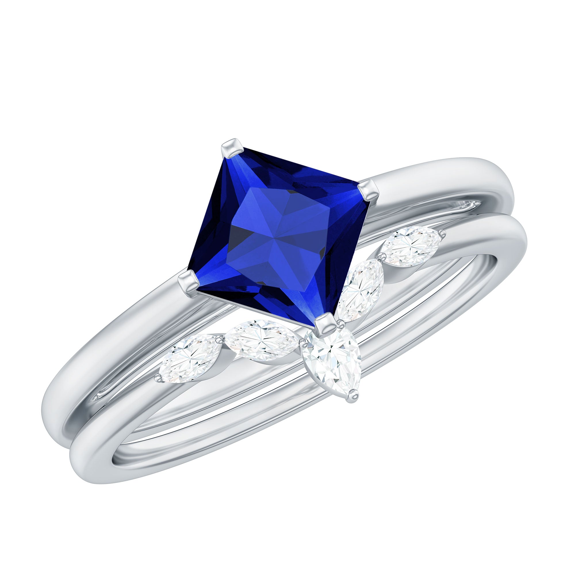 Certified Lab Grown Blue Sapphire Princess Cut Engagement Ring Set with Diamond