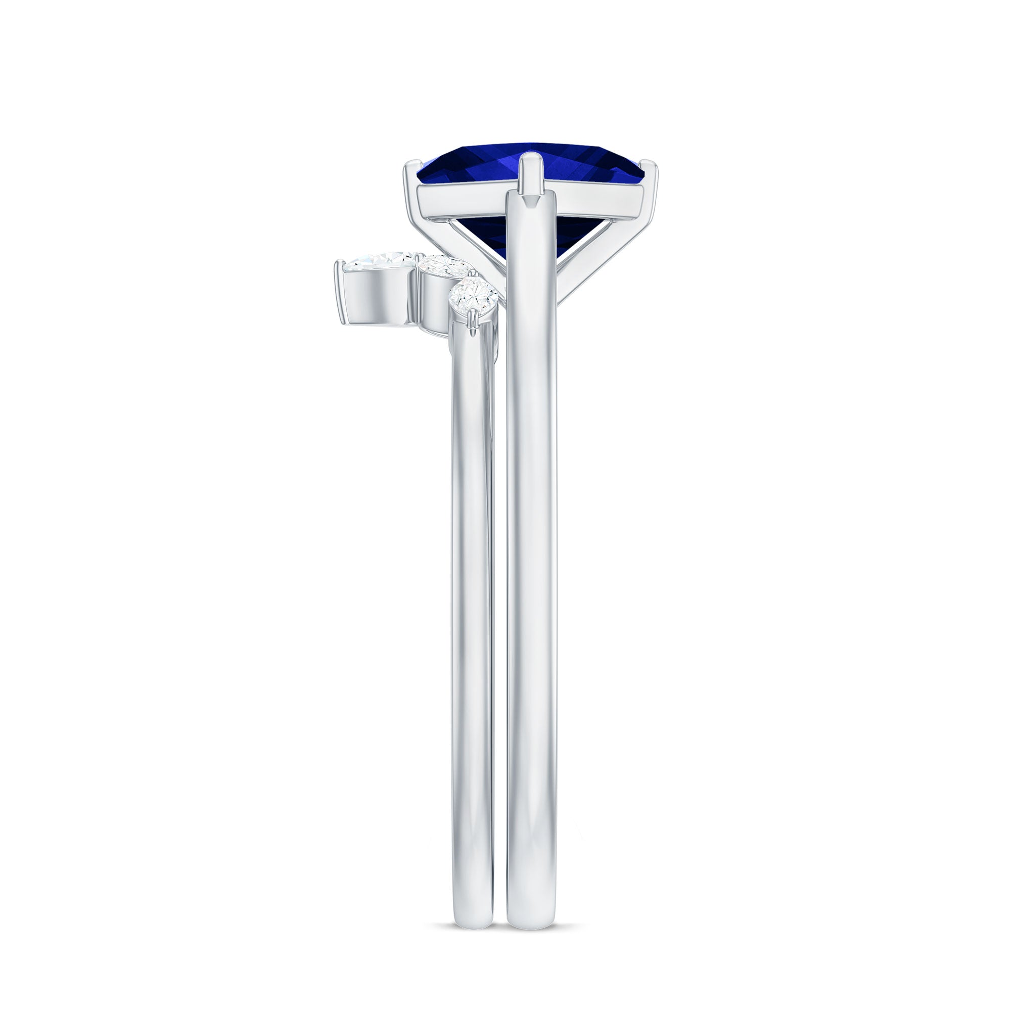 Certified Lab Grown Blue Sapphire Princess Cut Engagement Ring Set with Diamond AAAA - Rosec Jewels