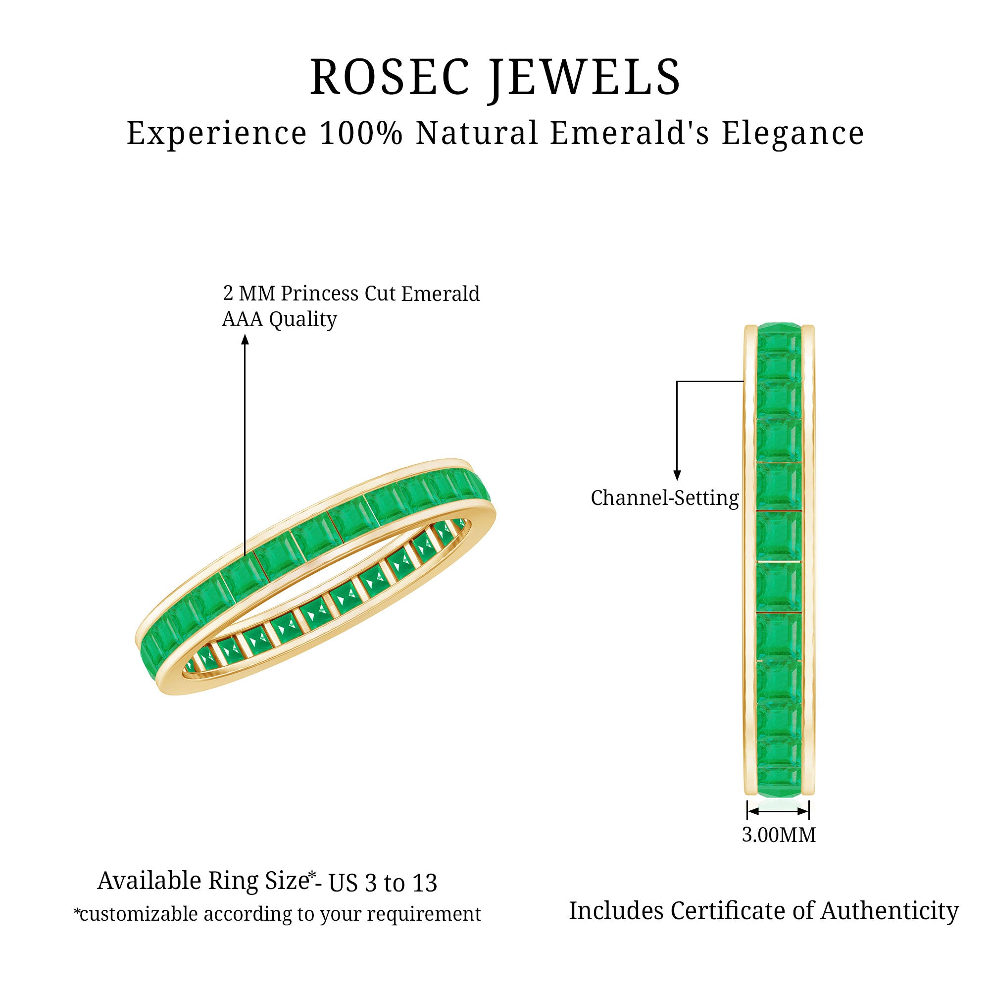 Channel Set Princess Cut Emerald Eternity Band Ring AAA - Rosec Jewels