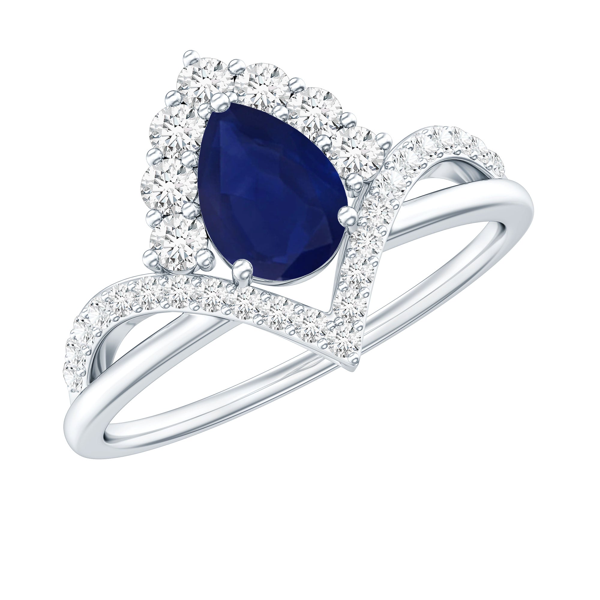 Pear Cut Blue Sapphire Designer Solitaire Ring with Diamond AAA - Rosec Jewels
