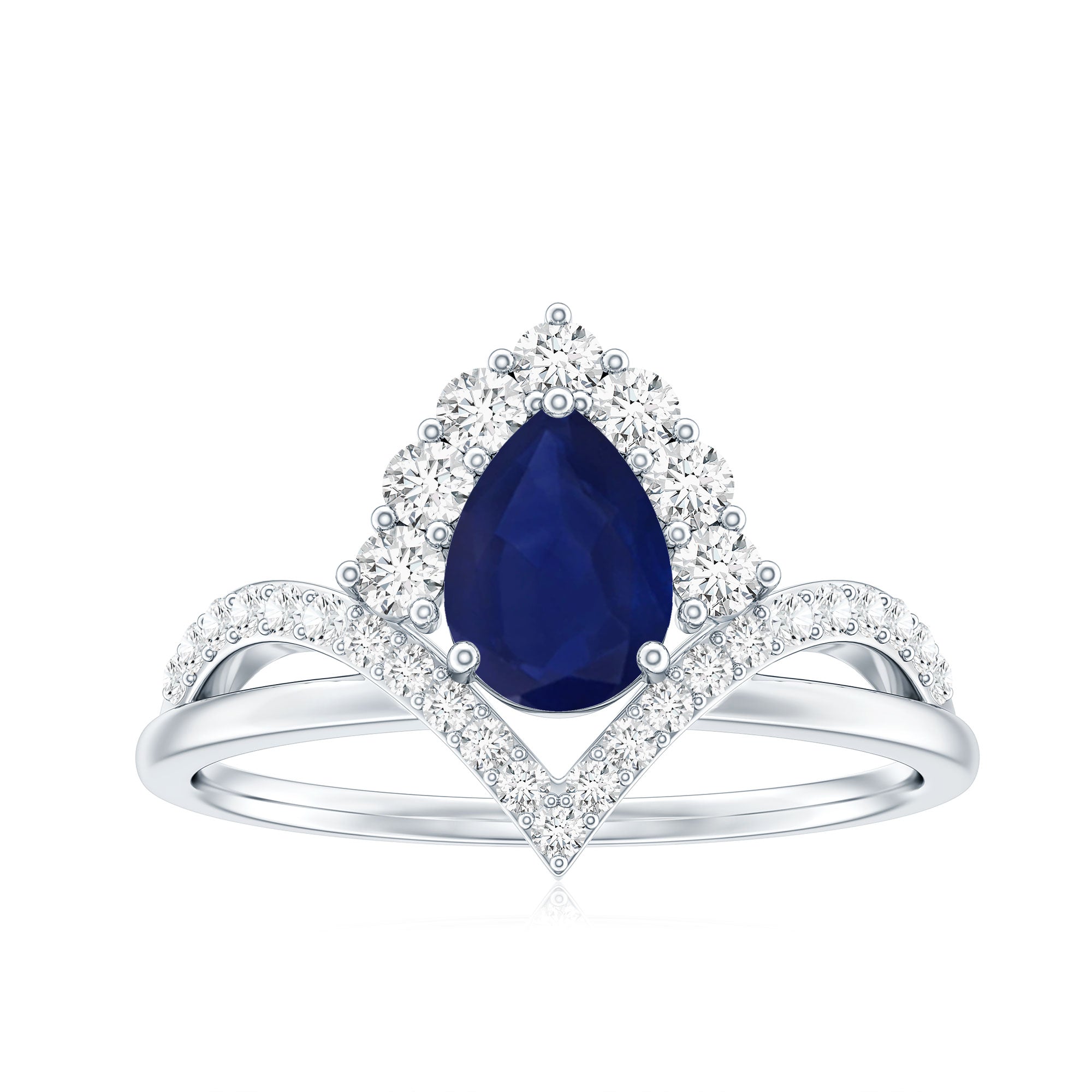 Pear Cut Blue Sapphire Designer Solitaire Ring with Diamond AAA - Rosec Jewels