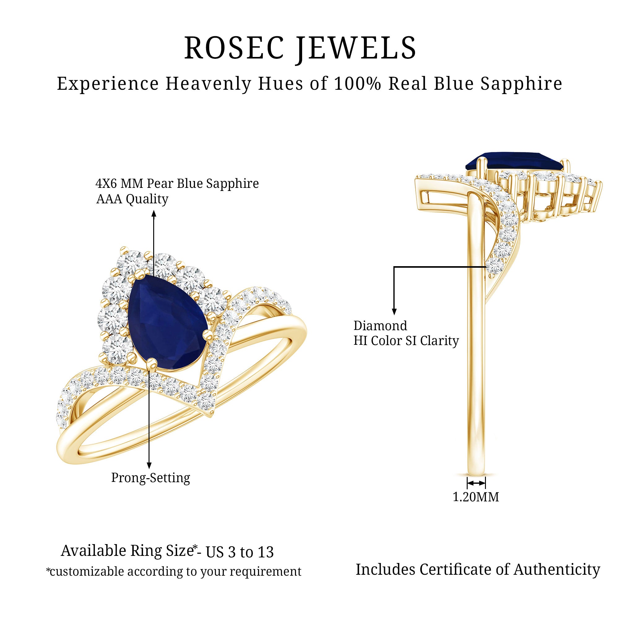 Pear Cut Blue Sapphire Designer Solitaire Ring with Diamond AAA - Rosec Jewels