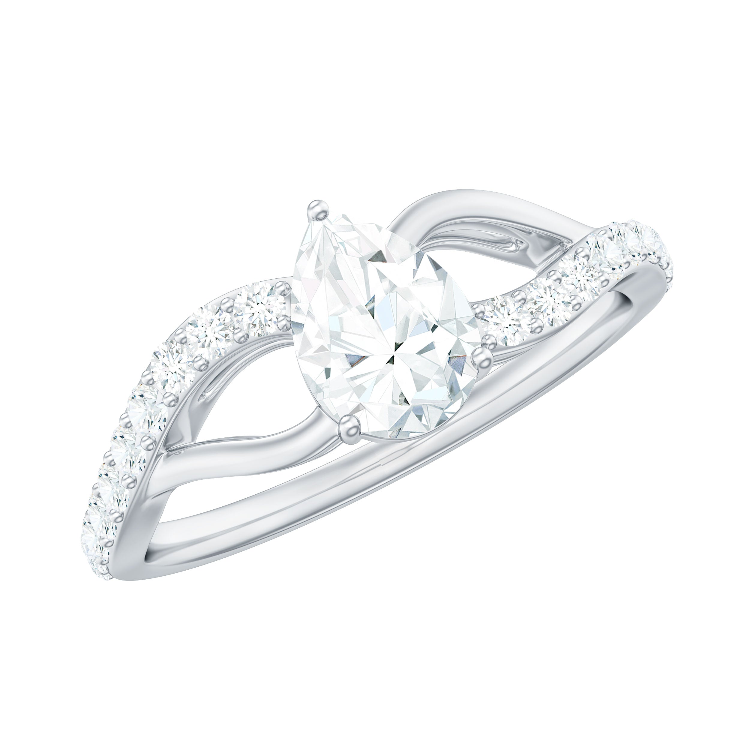 Certified Pear Cut Moissanite Split Shank Engagement Ring D-VS1 - Rosec Jewels