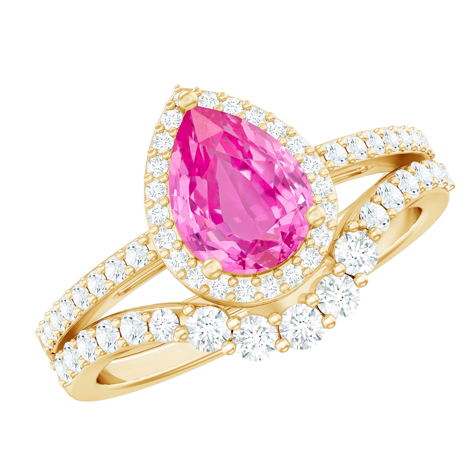 Rosec Jewels-Pear Created Pink Sapphire Teardrop Ring Set with Moissanite Band