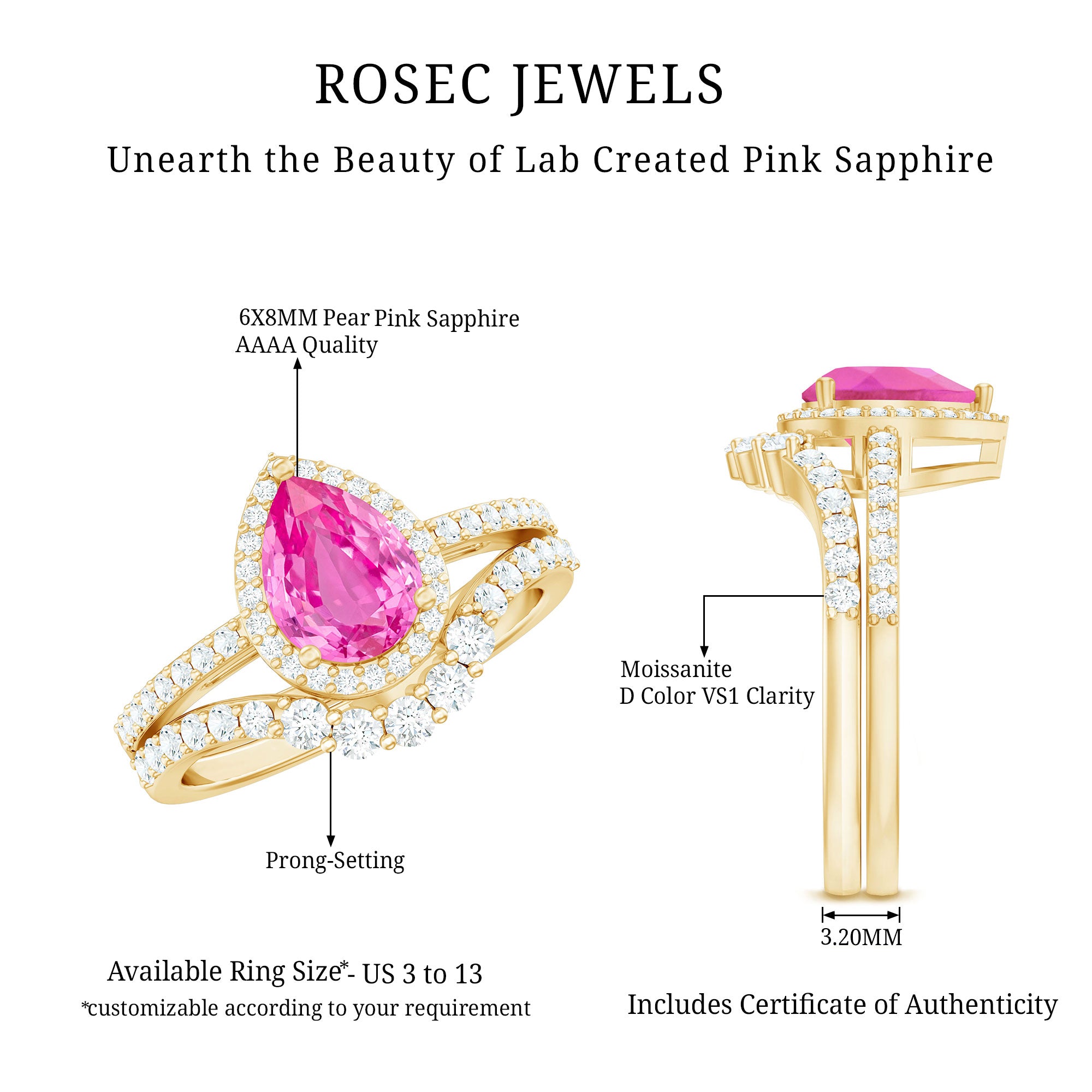 Rosec Jewels-Pear Created Pink Sapphire Teardrop Ring Set with Moissanite Band