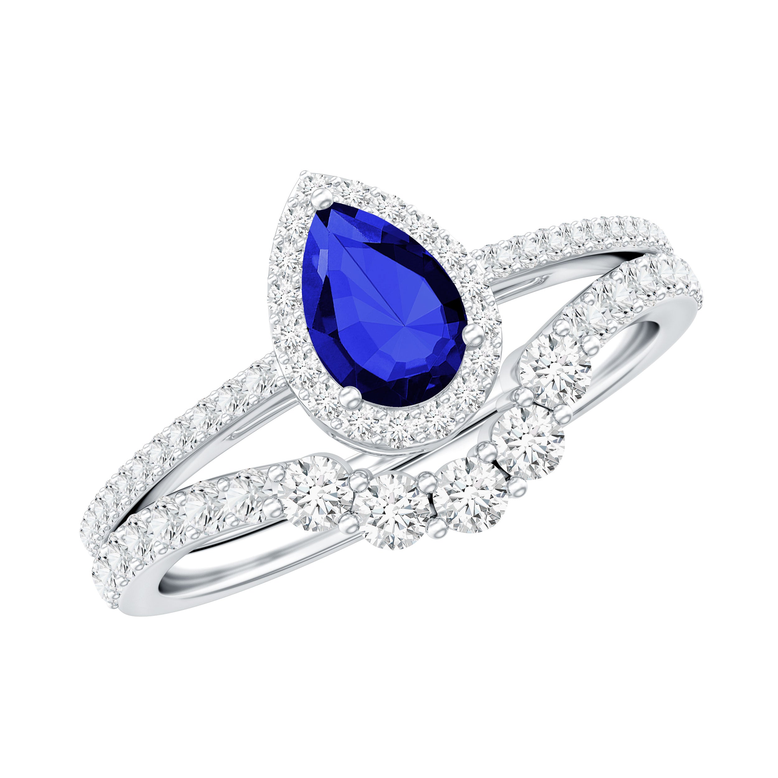 Certified Lab Grown Blue Sapphire Diamond Pear Shaped Engagement Ring Set AAAA - Rosec Jewels